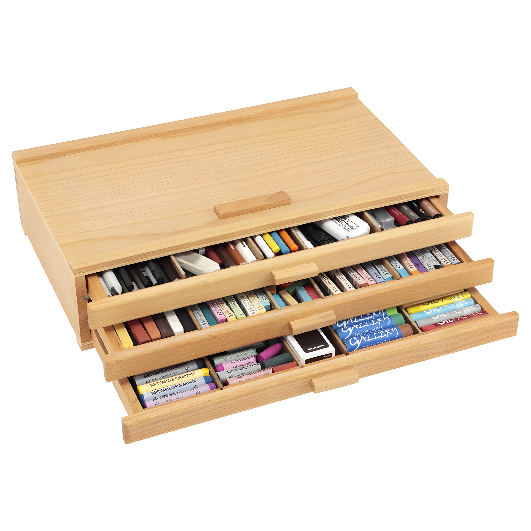 Natural Birch 3-Drawer Art Supply Storage Box with Foam Lining