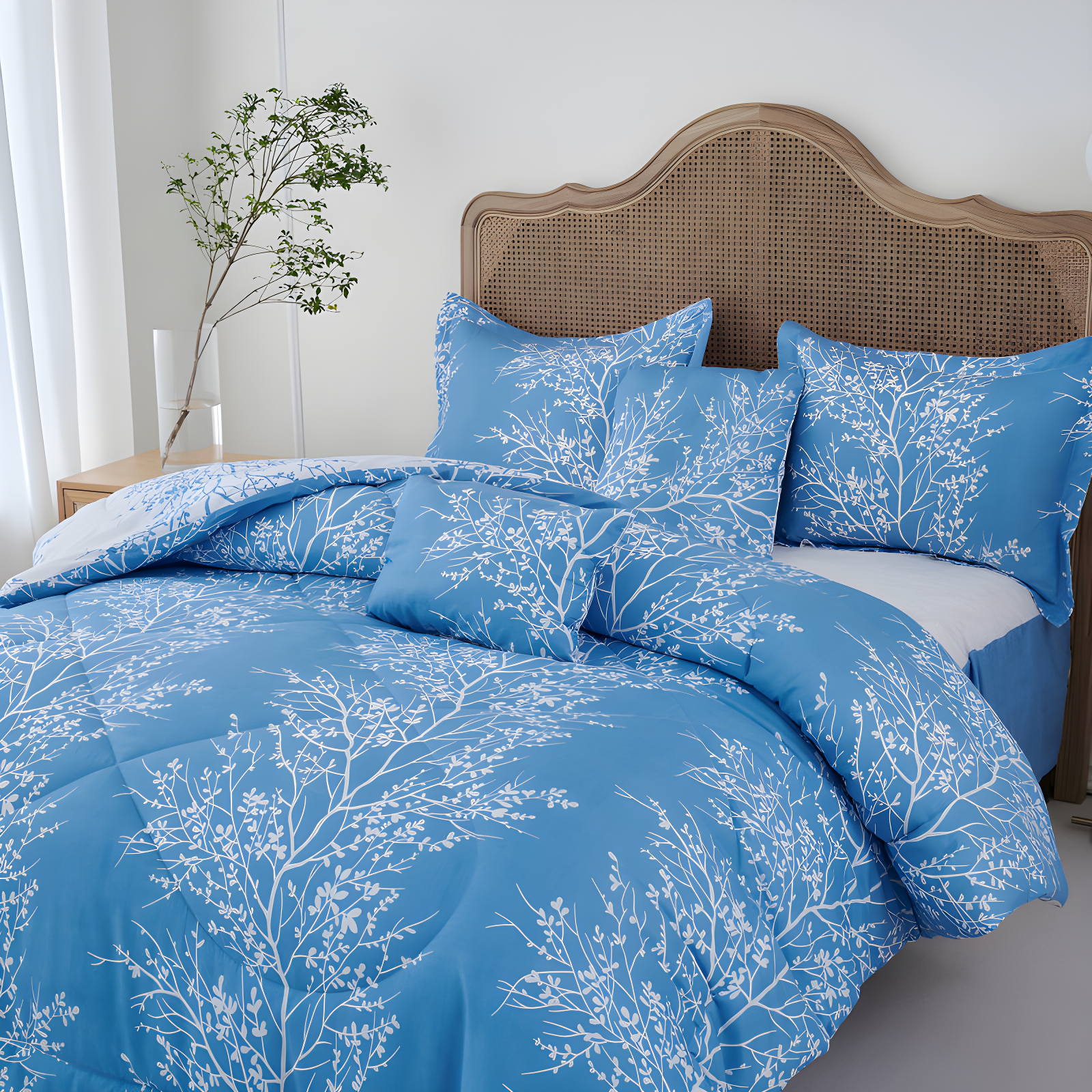 Light Blue Foliage Microfiber Twin Bed in a Bag Set