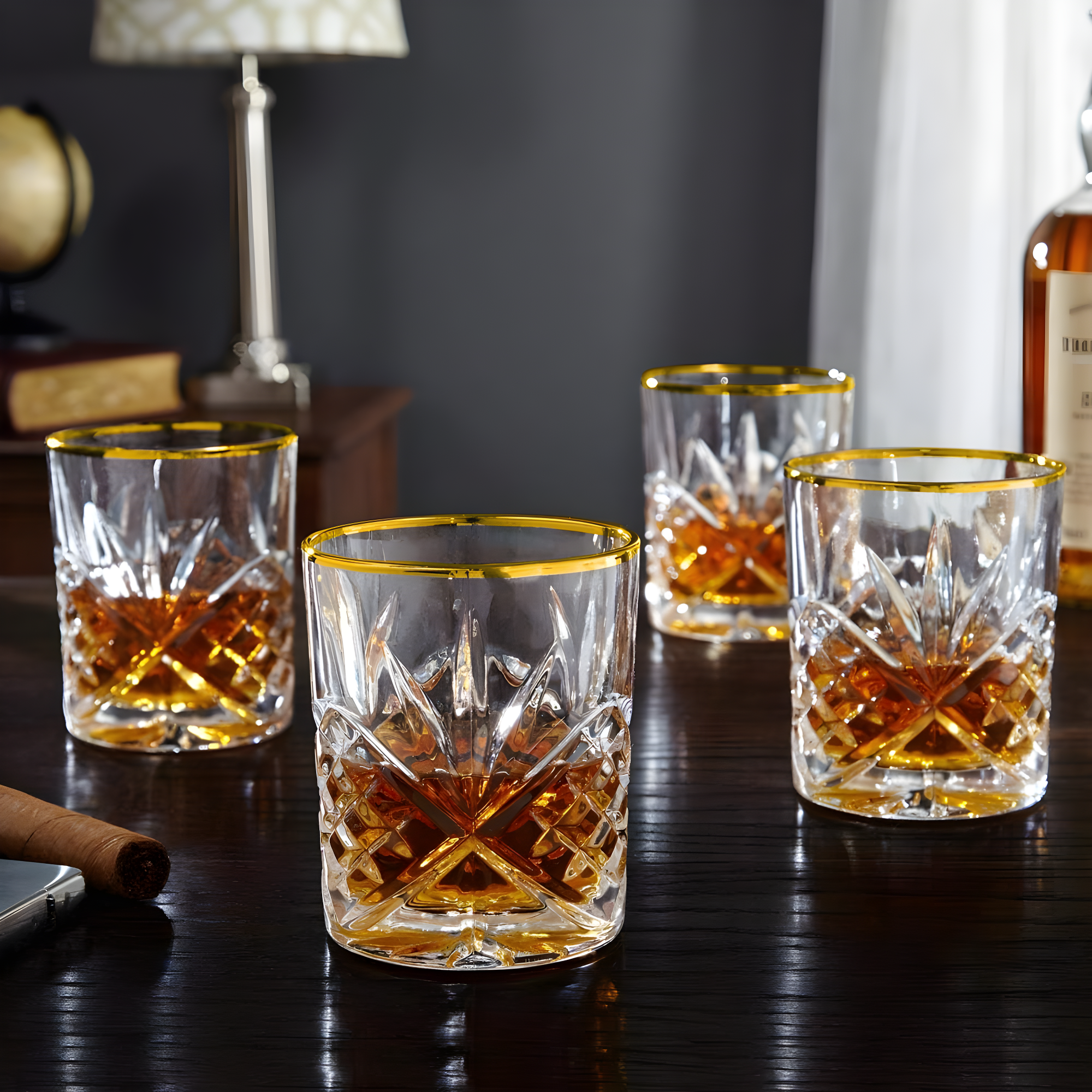 Posh Crystal Whiskey Glasses with Gold Rim, Set of 4