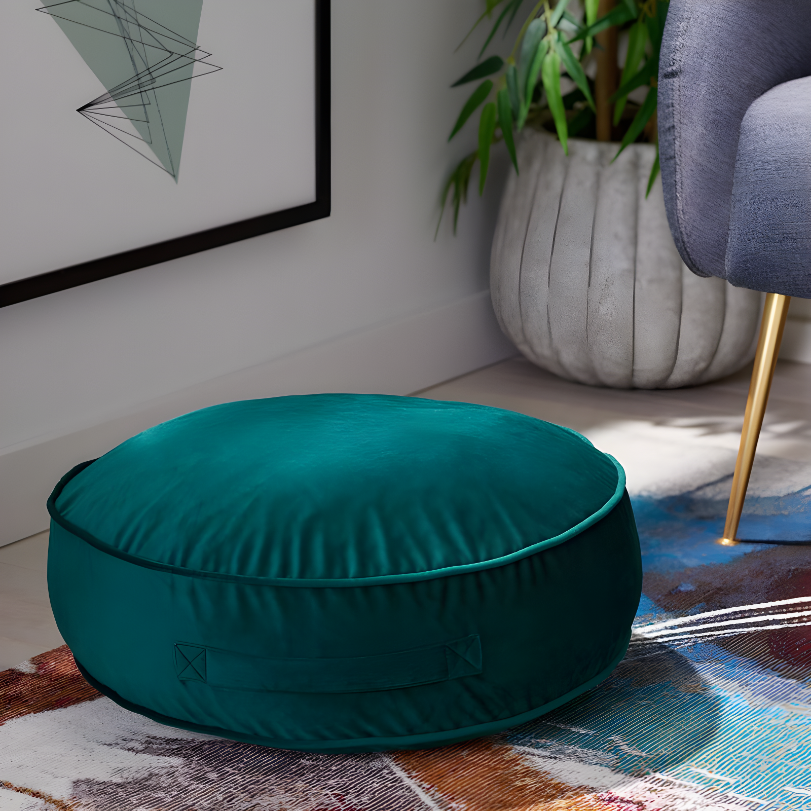 Emerald Green Round Velvet Floor Pillow with Handle