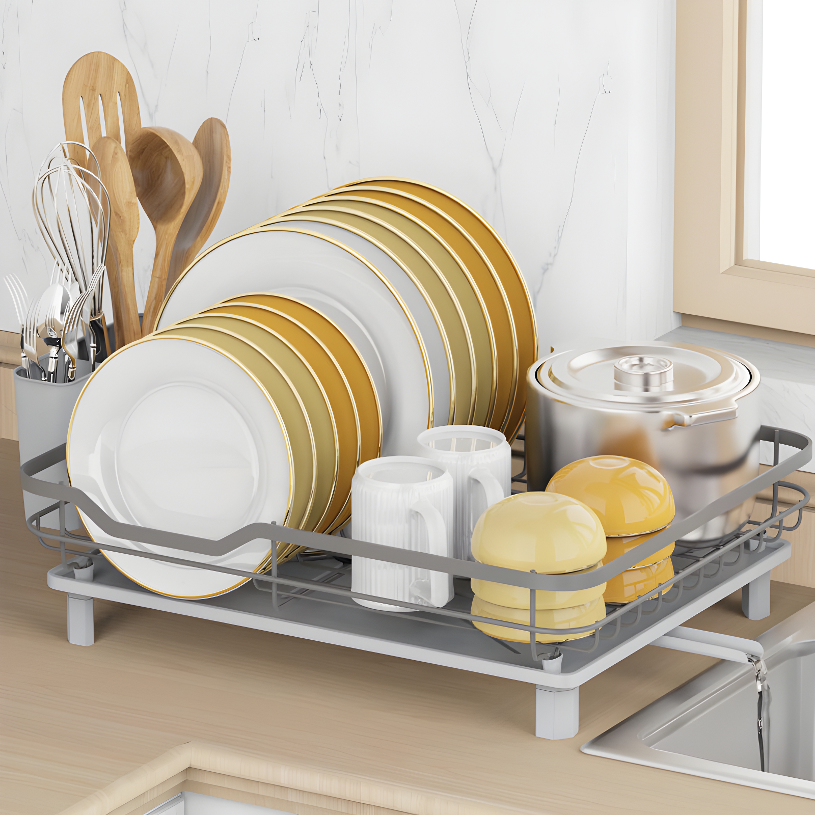 Gray Stainless Steel Dish Drying Rack with Utensil Holder