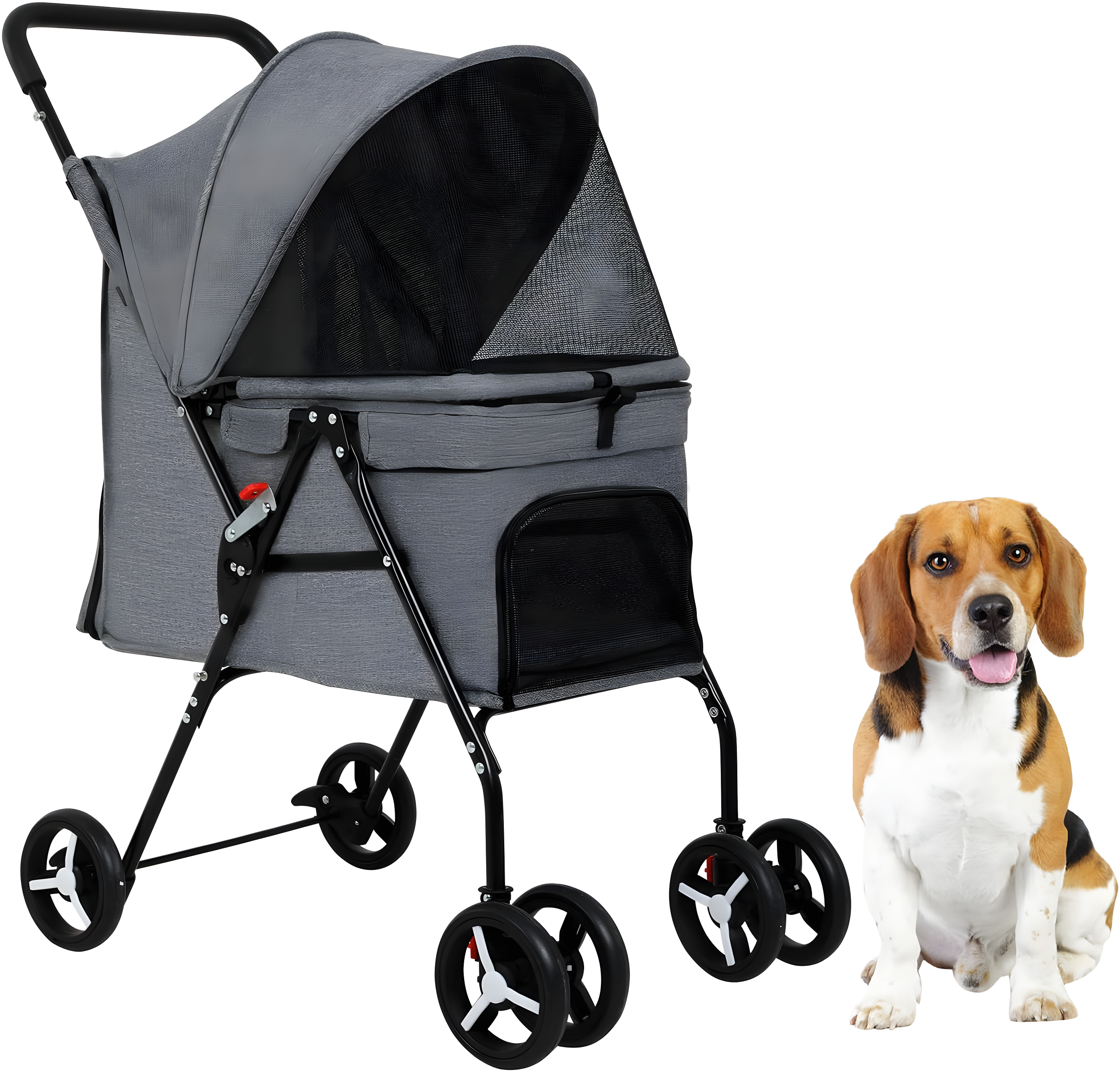 Grey Foldable Pet Stroller with Mesh Windows