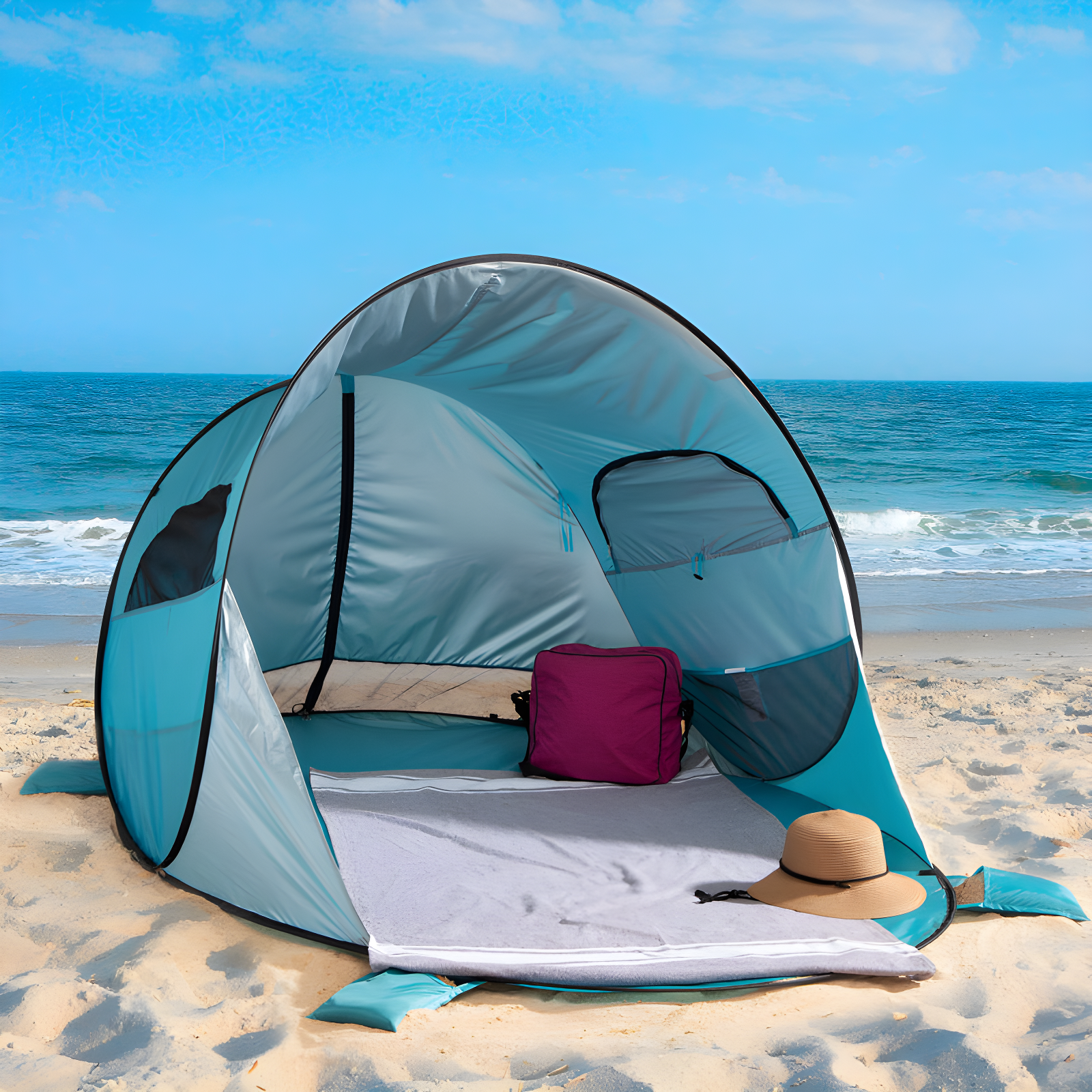 Blue 3-Person Pop-Up Beach Tent with UV Protection