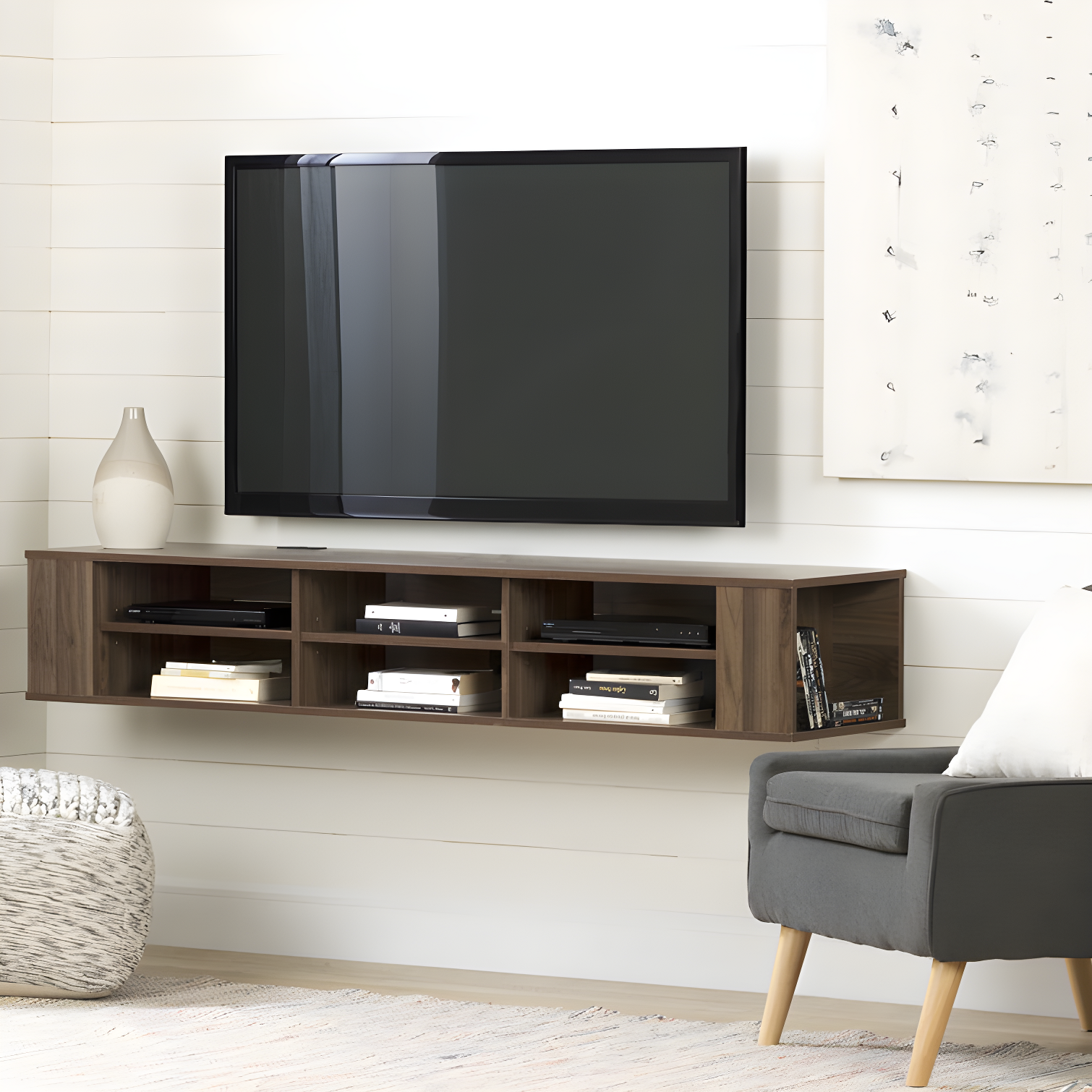 Natural Walnut Floating TV Stand with Cabinet