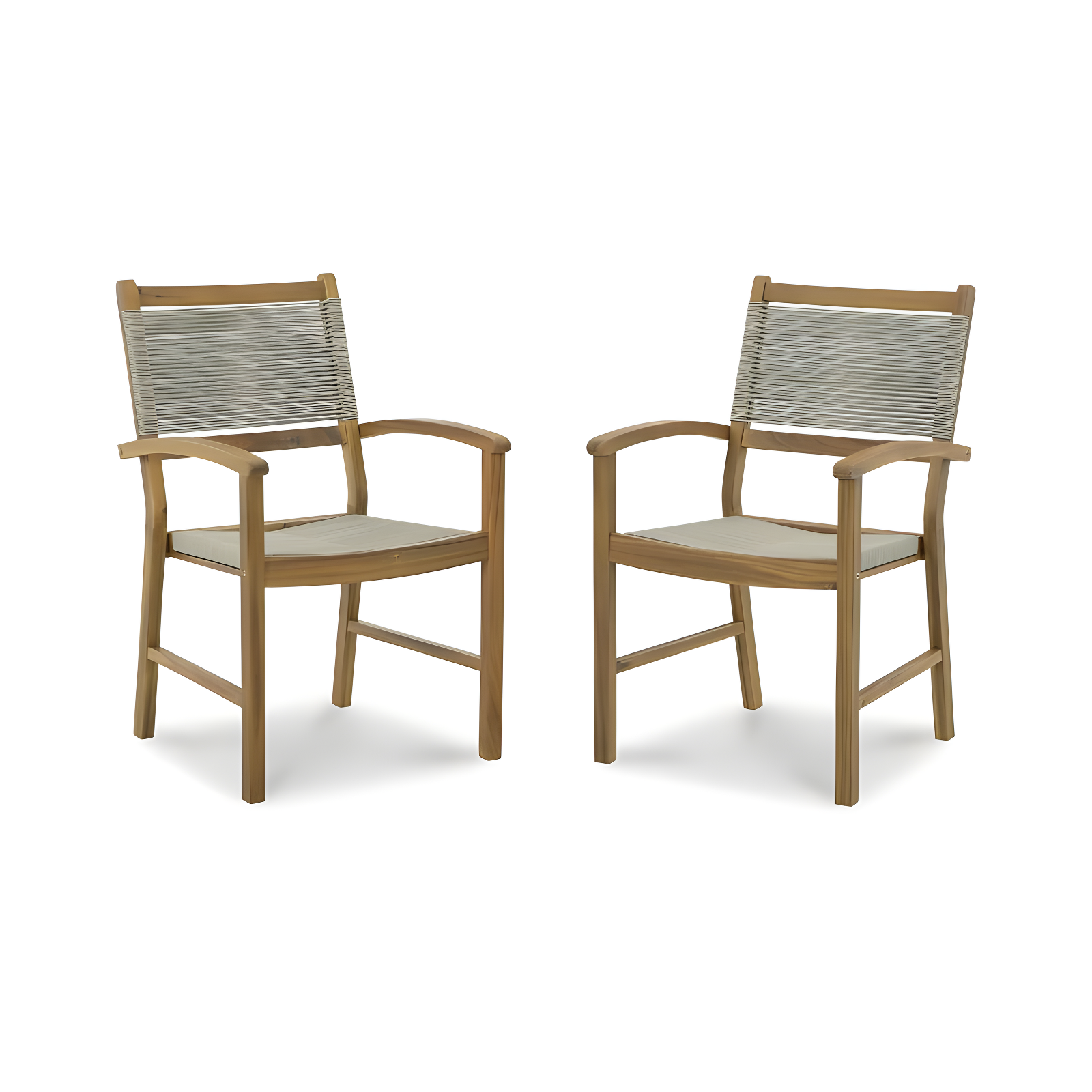 Light Brown Acacia Wood Outdoor Dining Arm Chairs with Rope Back, Set of 2