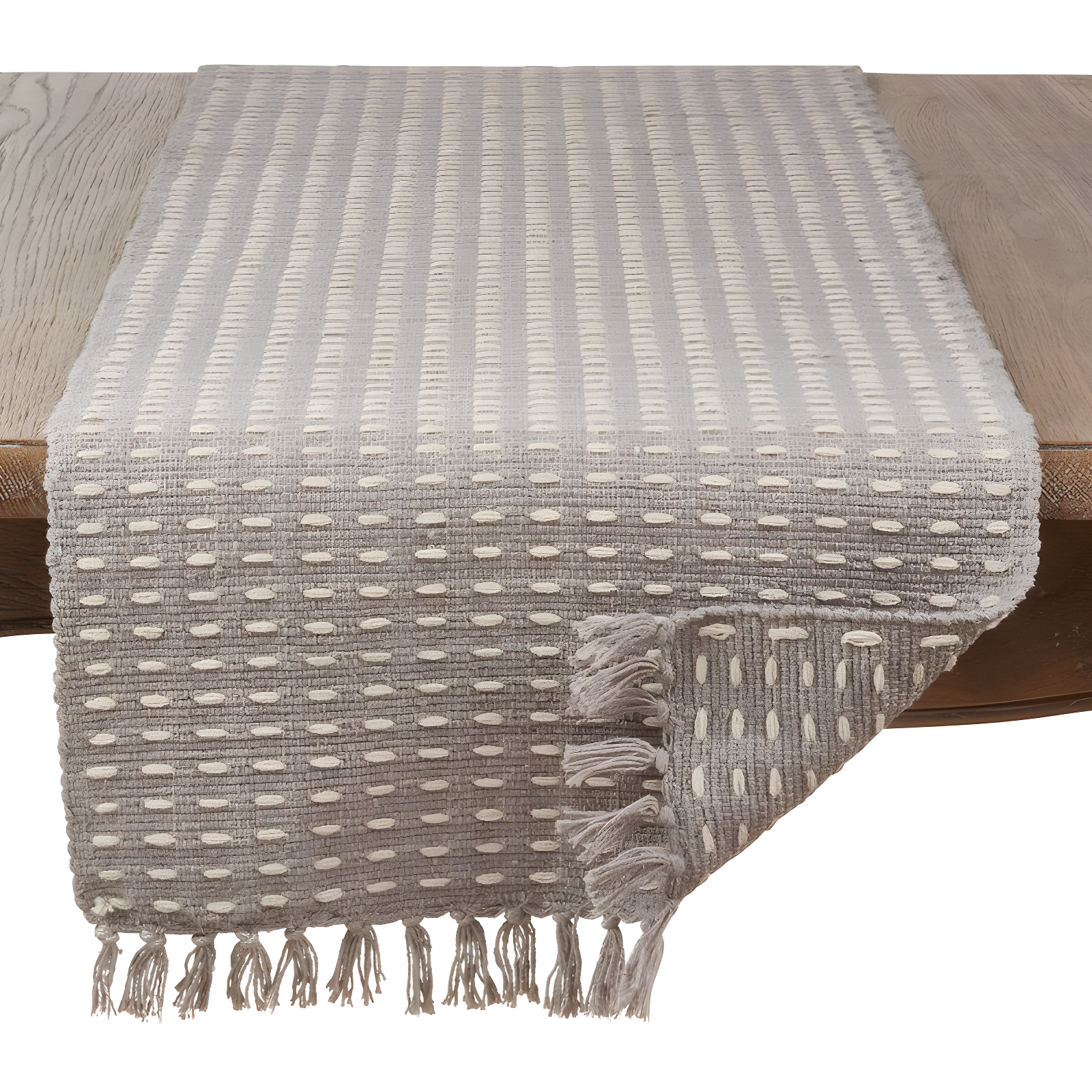 Rustic Taupe and Greige Cotton Table Runner with Fringe