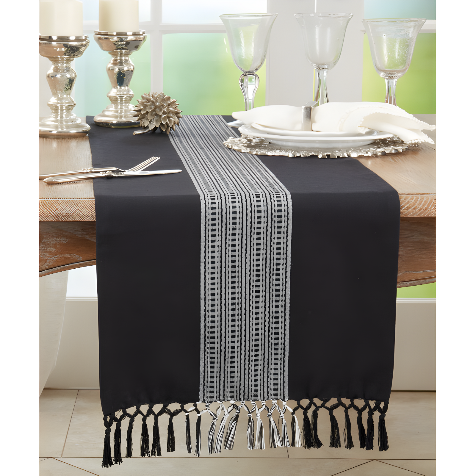 Black and White Cotton Stripe Design Table Runner