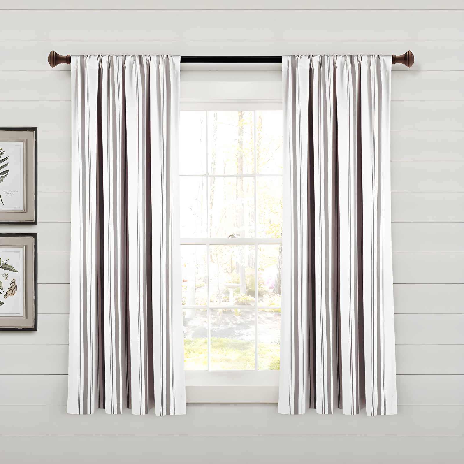 Gray Striped Cotton Blend Light-Filtering Curtain Panels, 42"W x 63"L