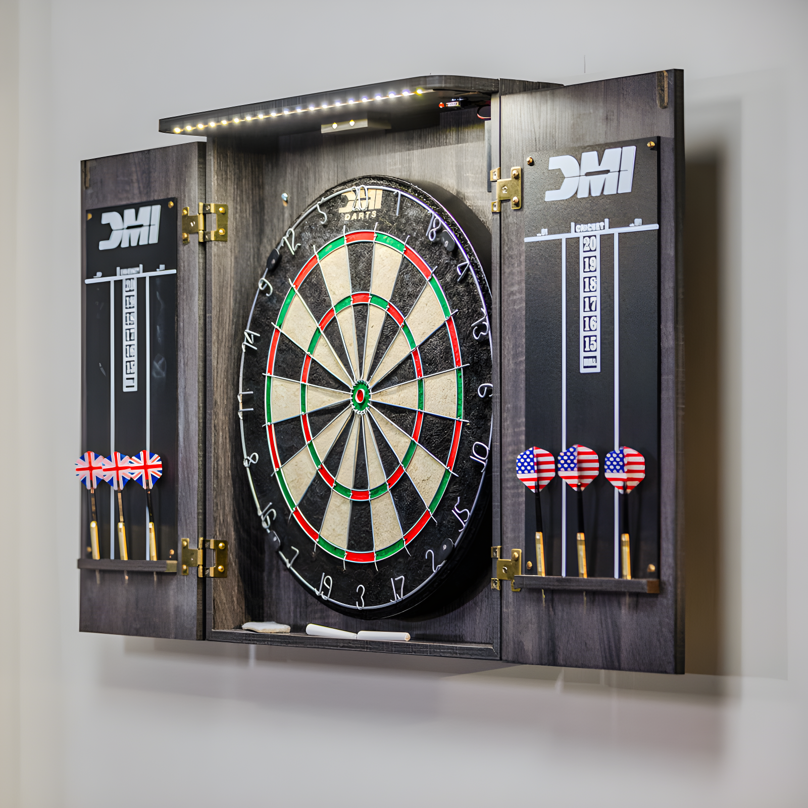 Rustic Grey LED Lighted Bristle Dartboard Cabinet Set