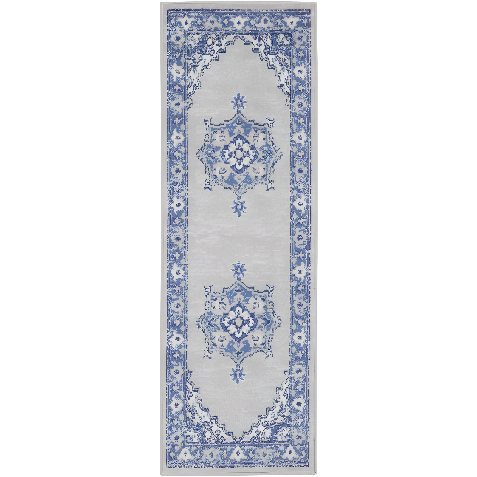 Grey Blue Floral Synthetic Runner Rug 2' x 6'