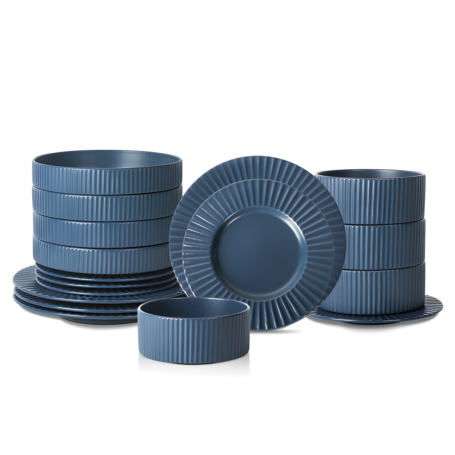 Ash Blue Ceramic 16-Piece Ridged Dinnerware Set