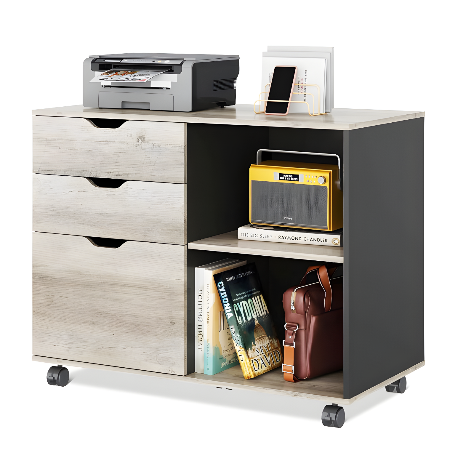 Greige 3-Drawer Wood Mobile Filing Cabinet with Open Shelves