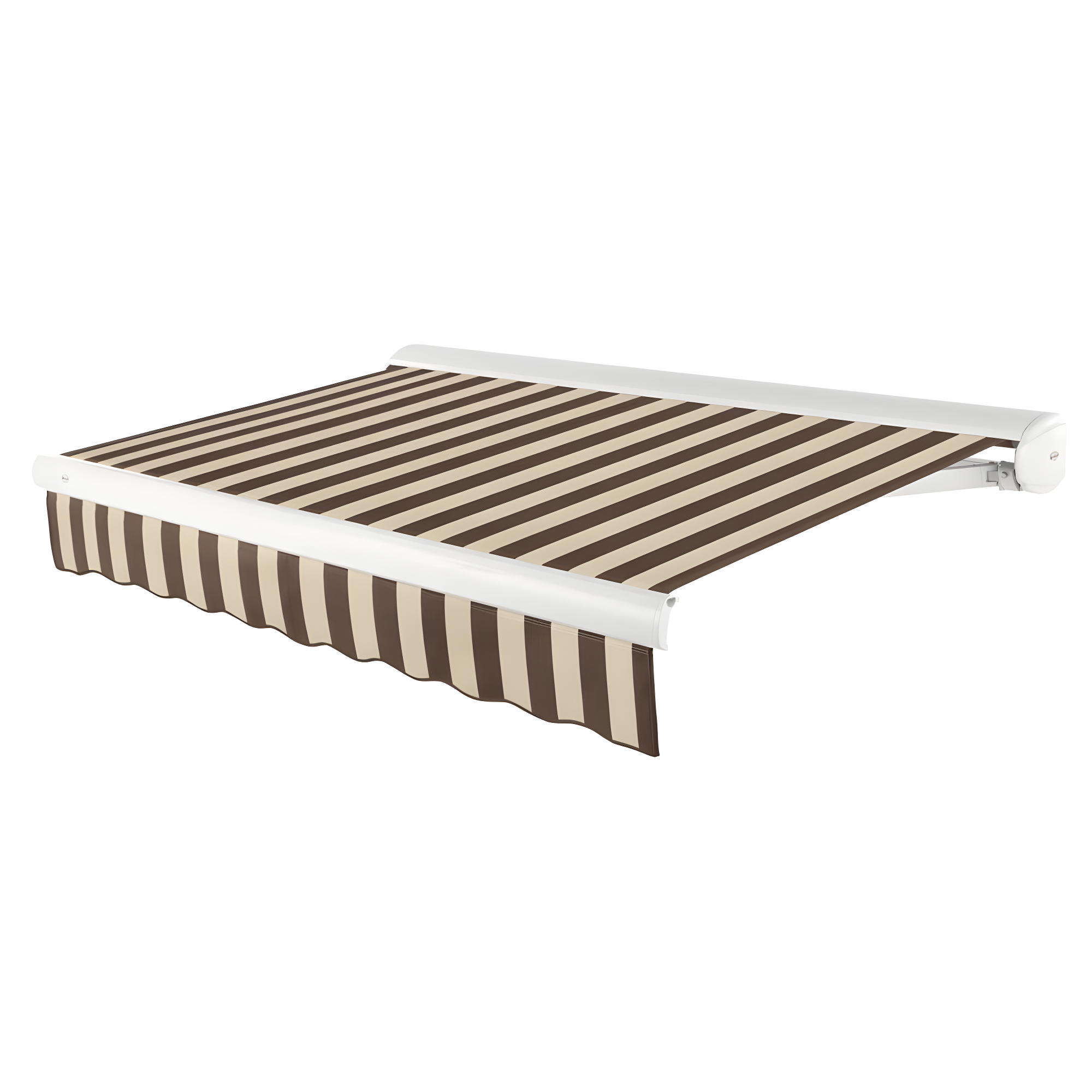 Brown and Tan Stripe Motorized Patio Retractable Awning with White Frame