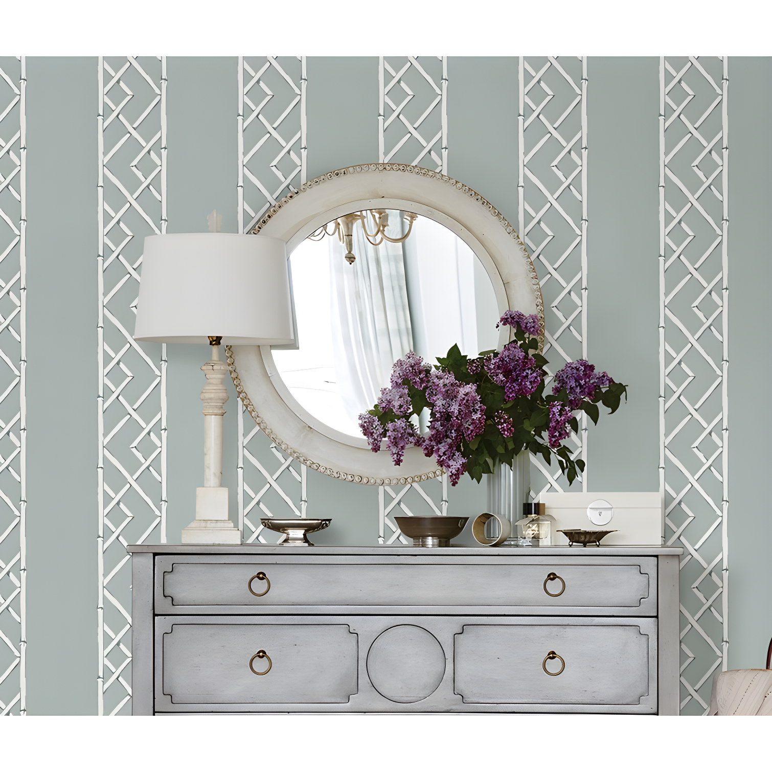 Aqua Bamboo Geometric Nonwoven Wallpaper Roll