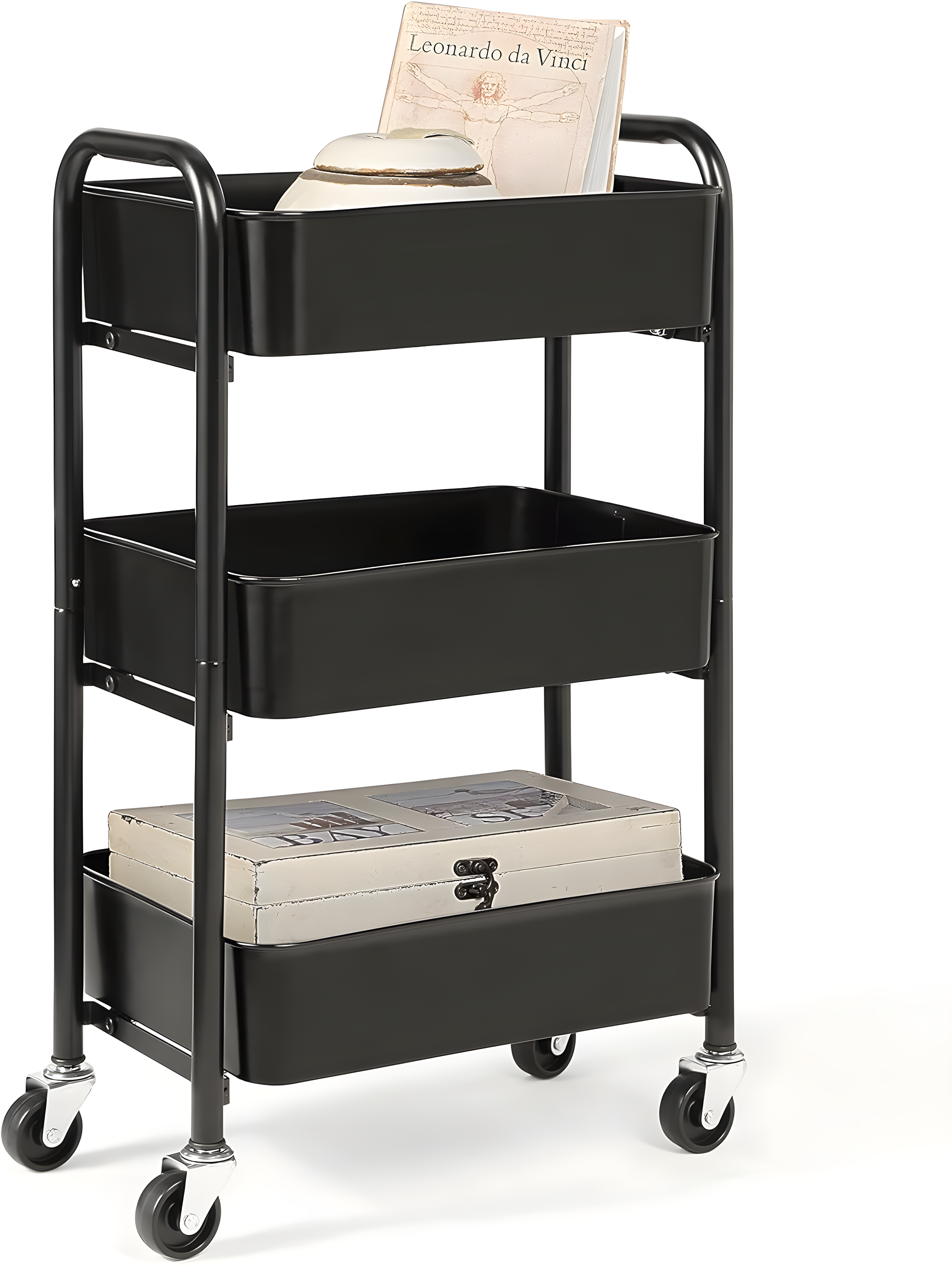 Black Metal 3-Tier Rolling Storage Cart with Caster Wheels