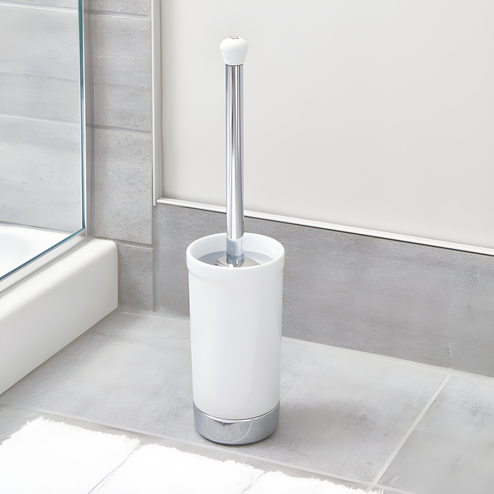 White Ceramic and Chrome Toilet Brush Holder Set