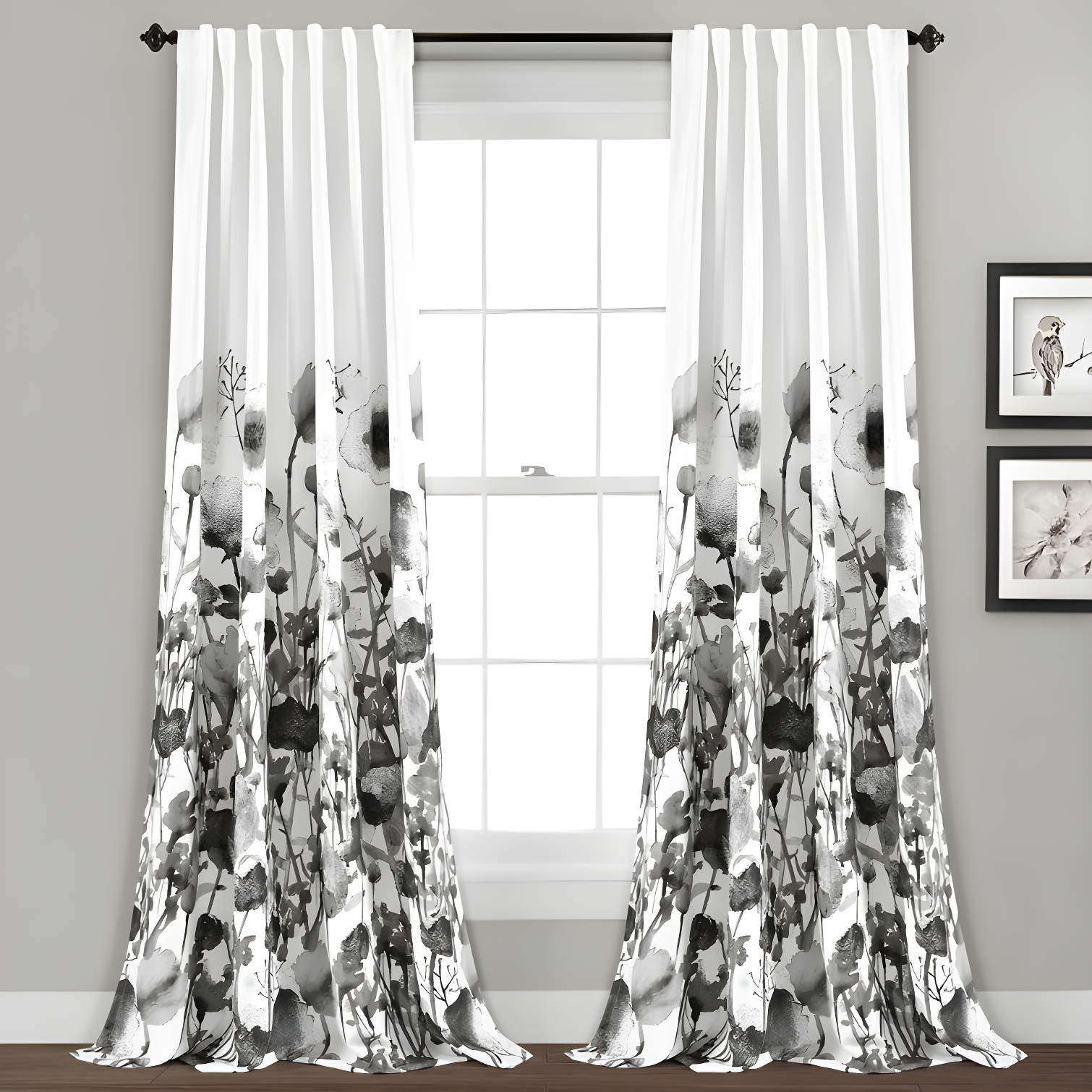 Zuri Floral Gray and White Polyester Room Darkening Curtain Pair