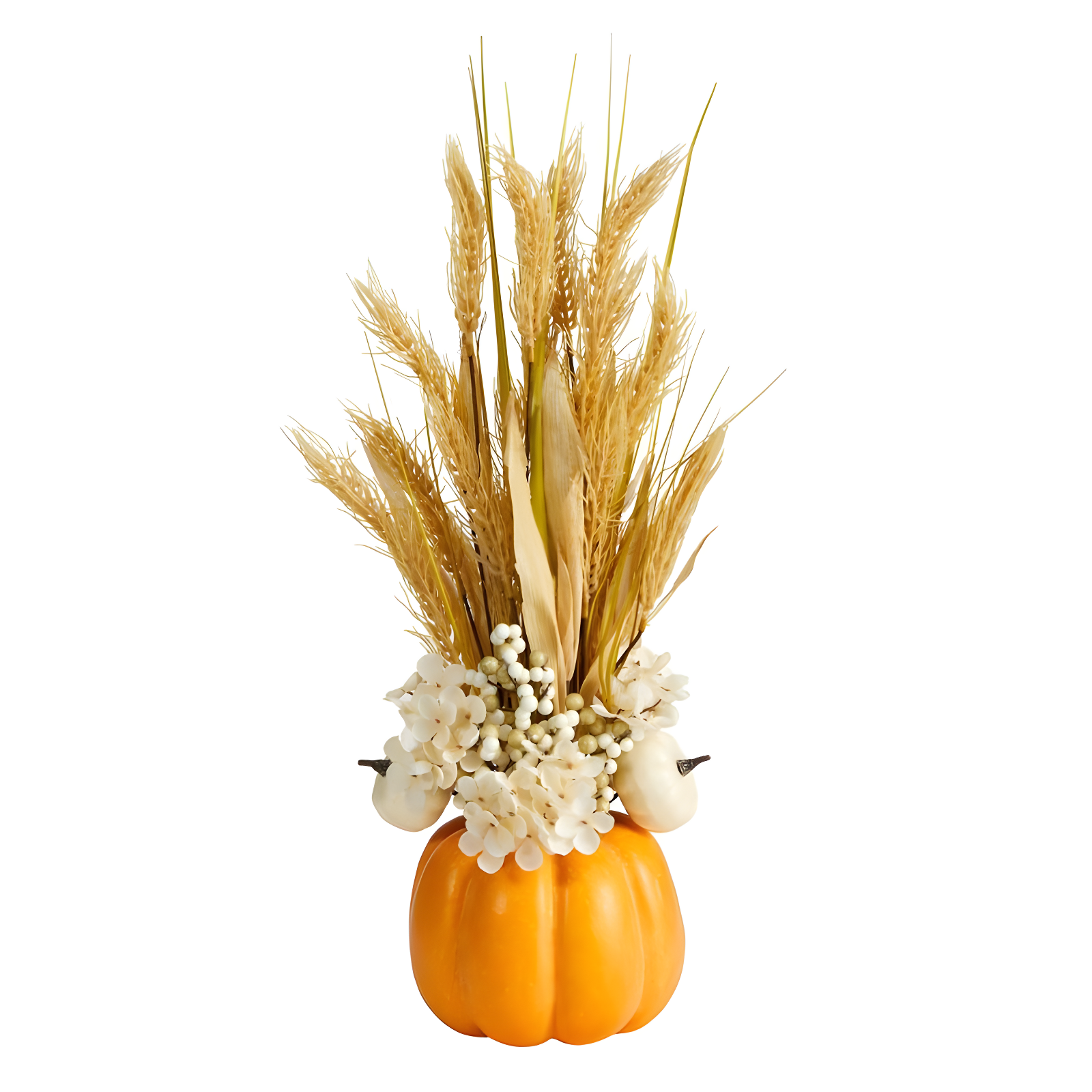 Autumn Wheat and Pumpkin Arrangement in Orange Vase