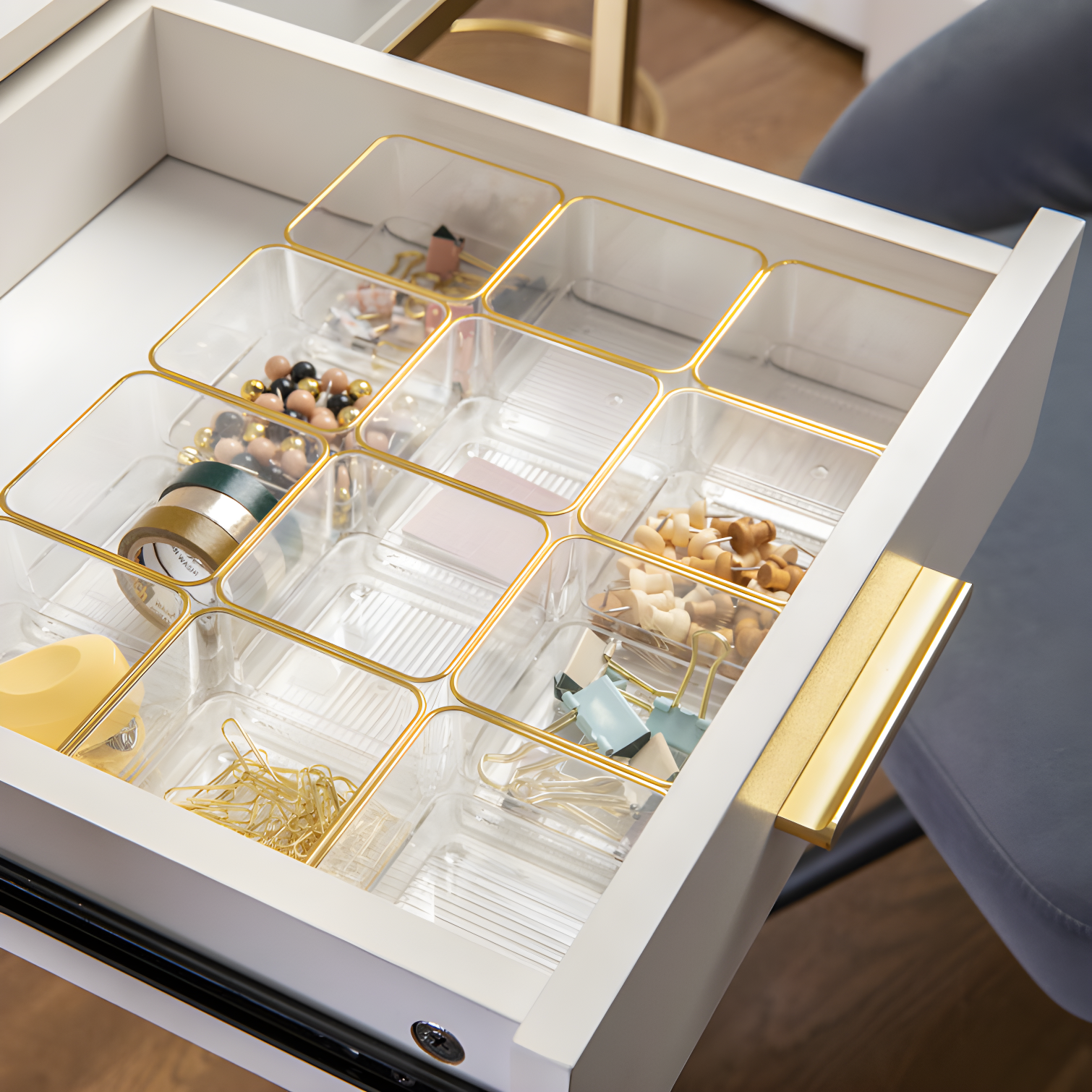 Martha Stewart Clear Plastic Stackable Desk Drawer Organizers with Gold Trim, 3" x 3", 12 Pack