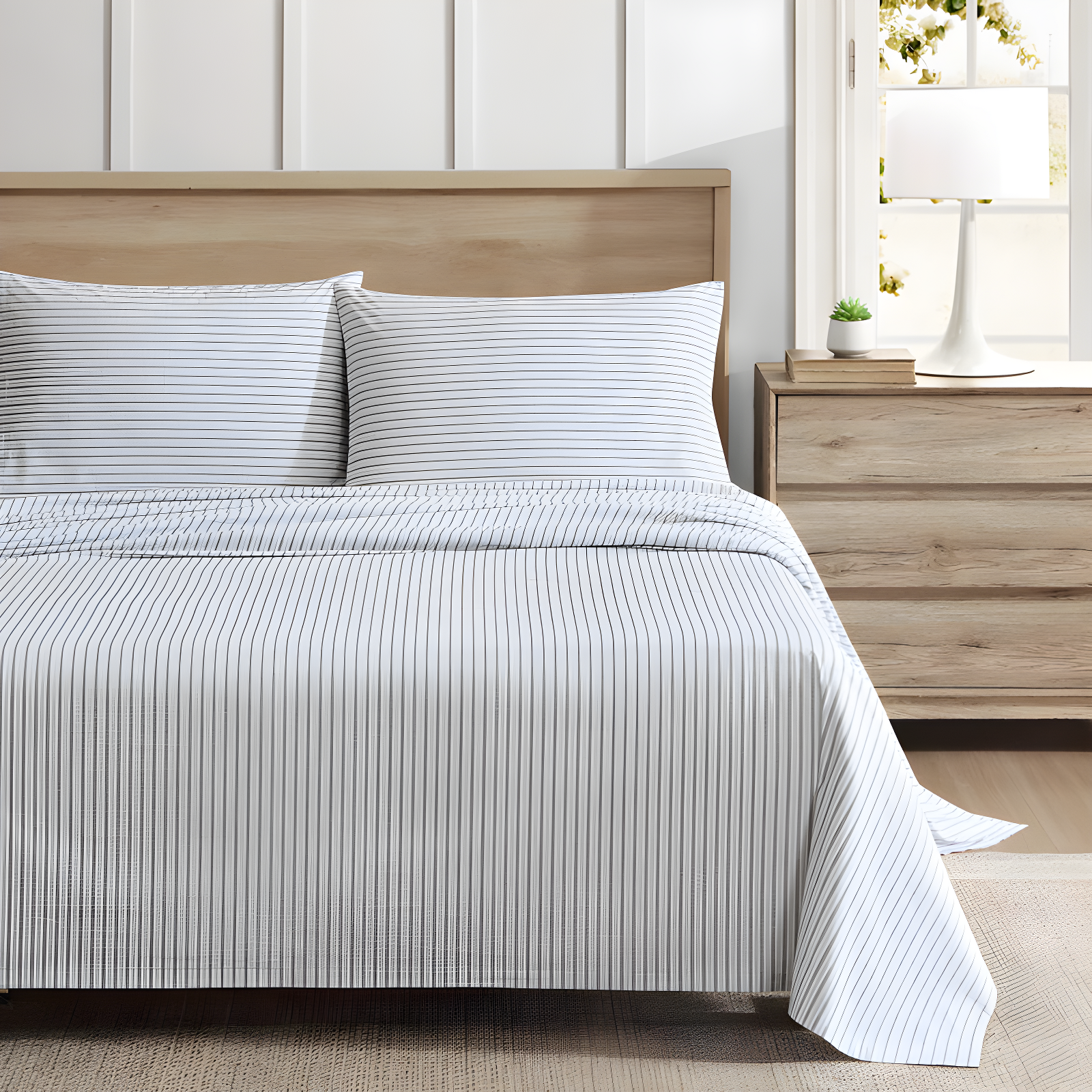 King Gray Stripe Cotton Percale Sheet Set