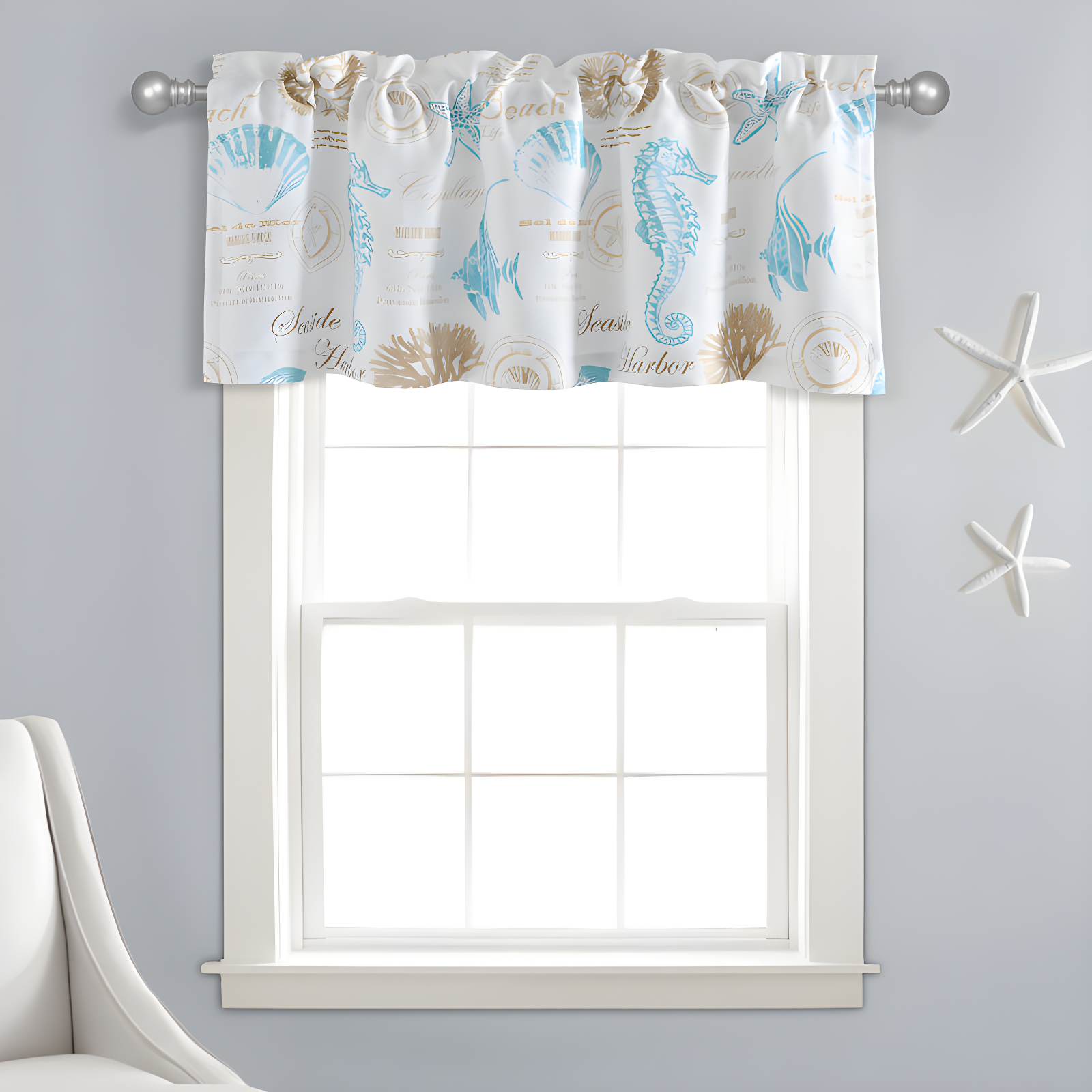 Harbor Life Blue and Taupe Coastal Rod Pocket Valance