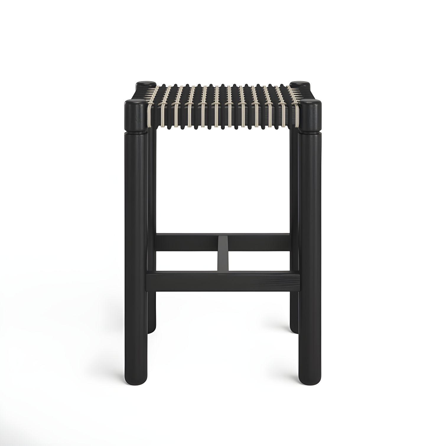 Modern Oak and Rattan Backless Accent Stool in Black/Brown/White