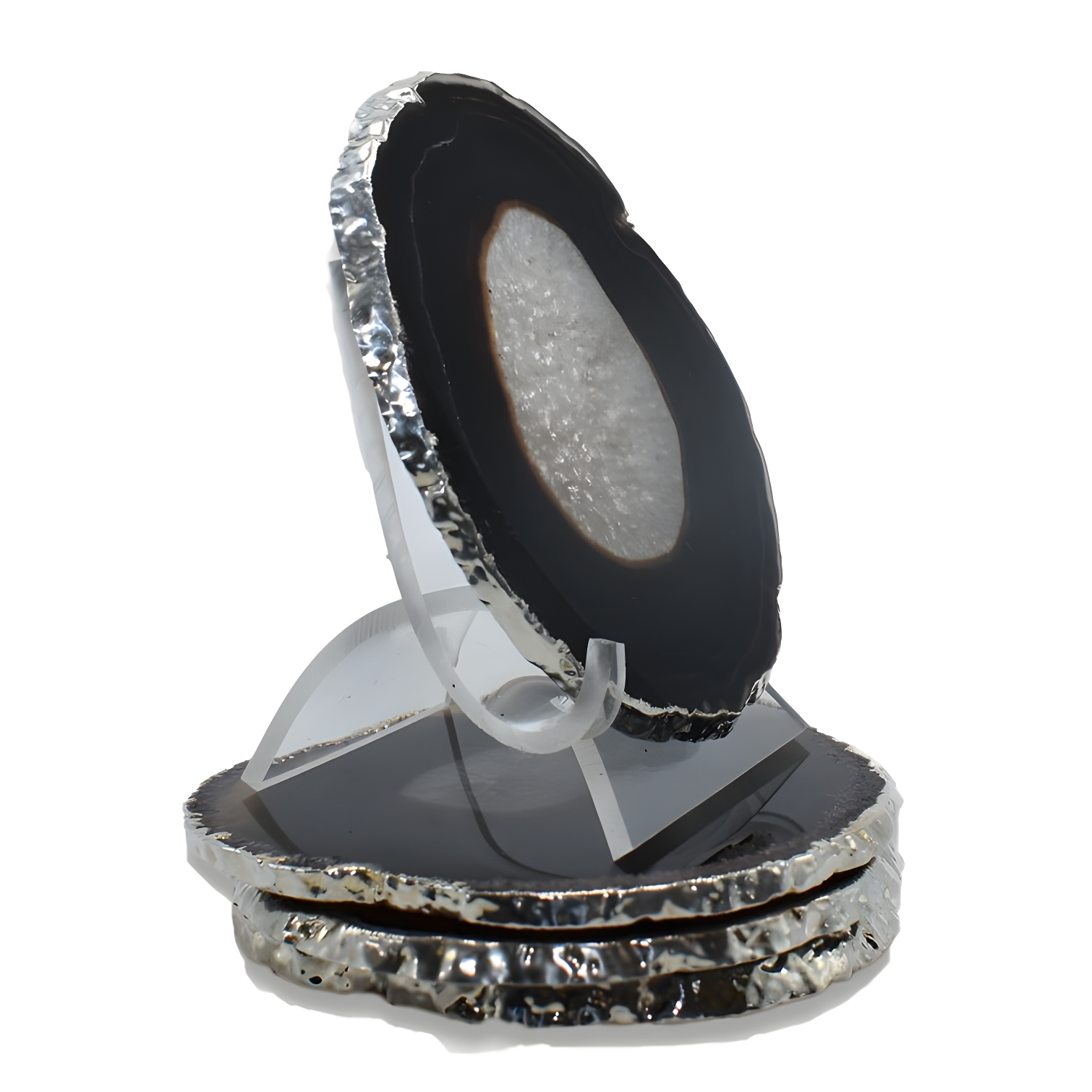 Black Agate Stone Coasters with Silver Edges, Set of 4