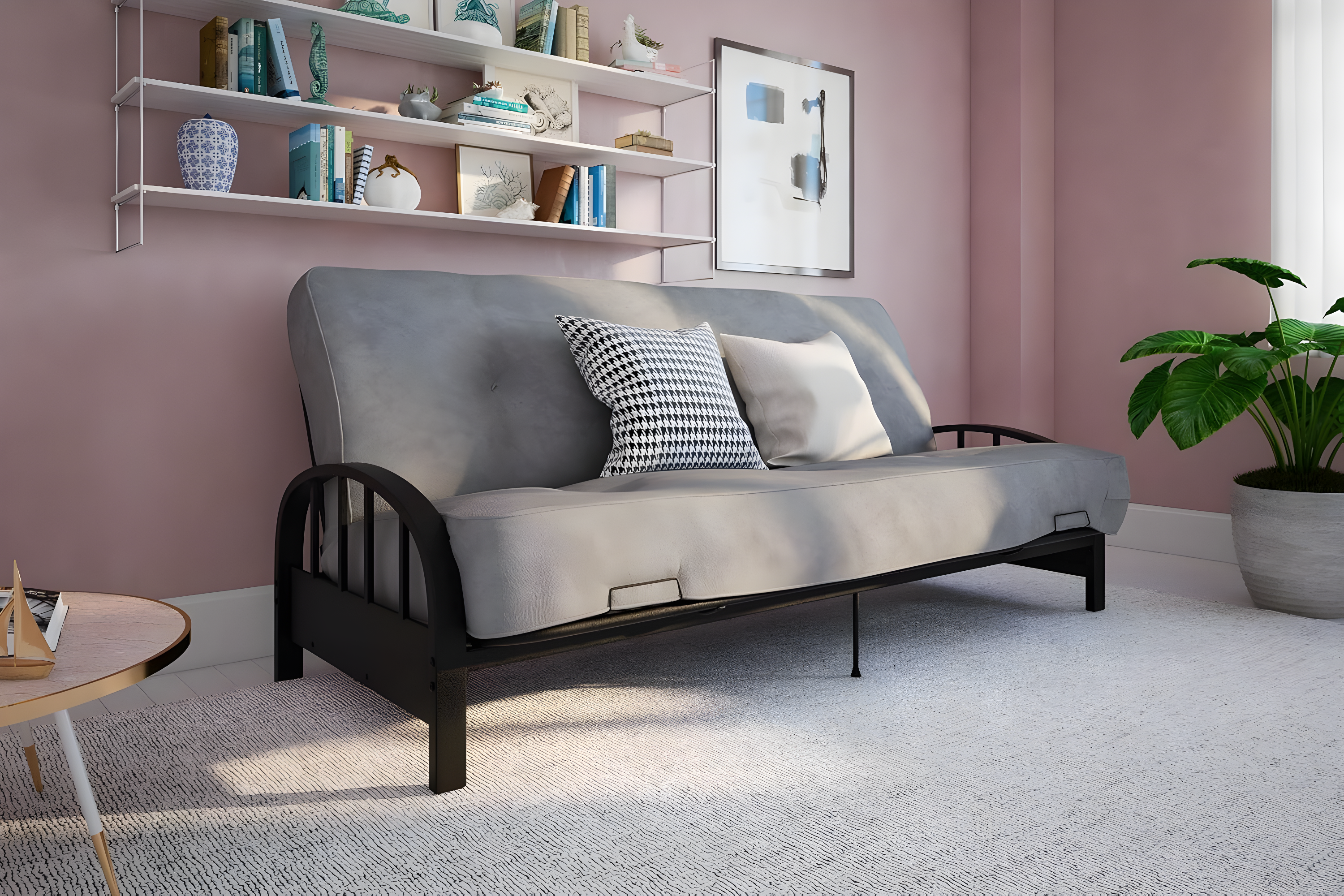 Black Metal Futon Frame with Gray Mattress