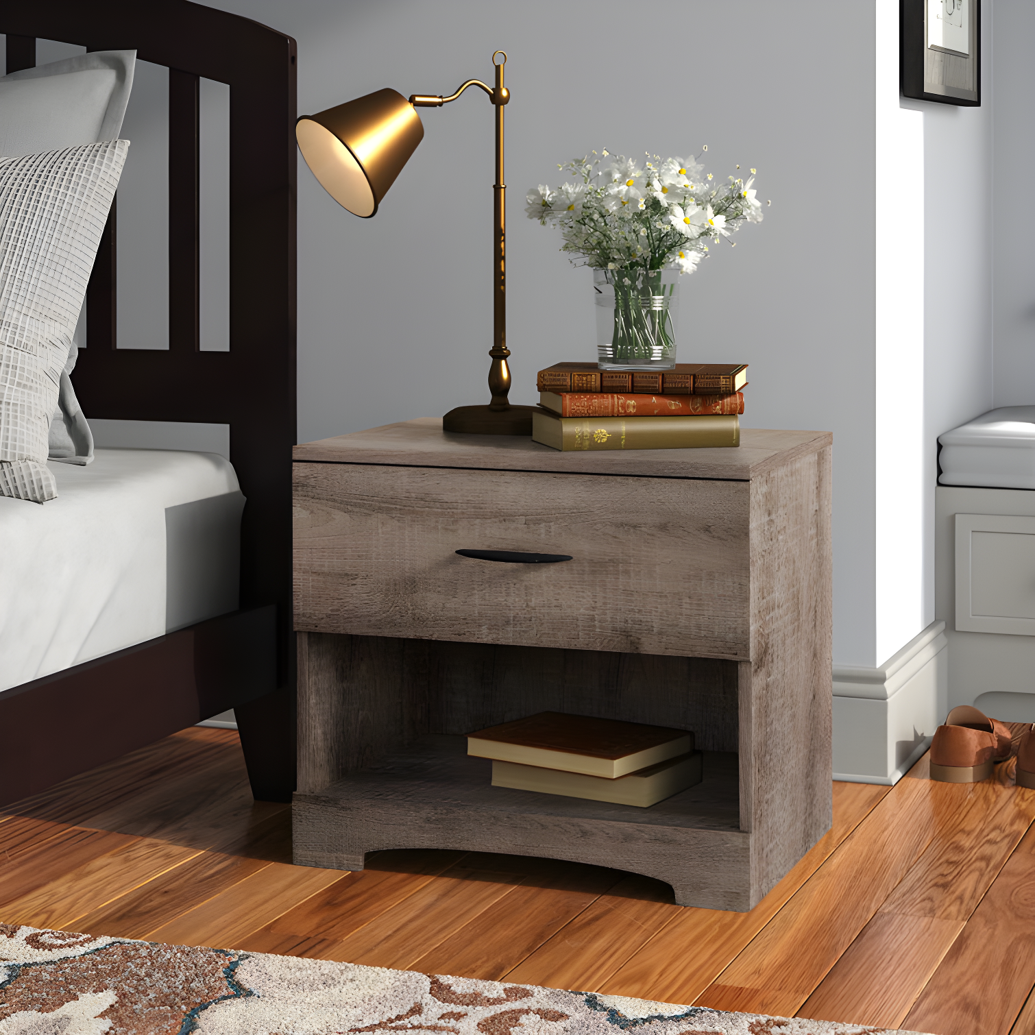 Elegant Weathered Oak 1-Drawer Nightstand with Metal Handle