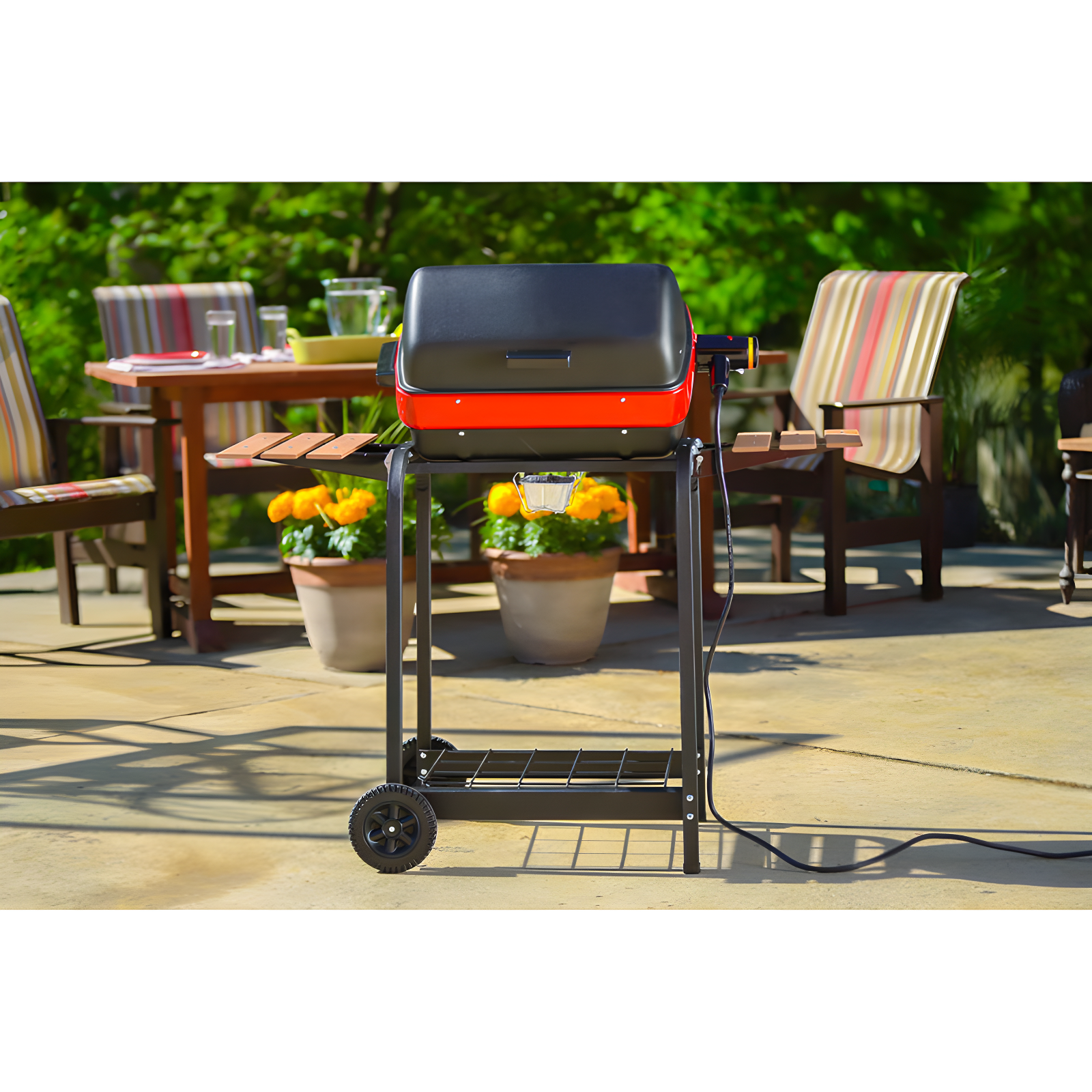 Americana Red Portable Electric Grill with Folding Side Tables