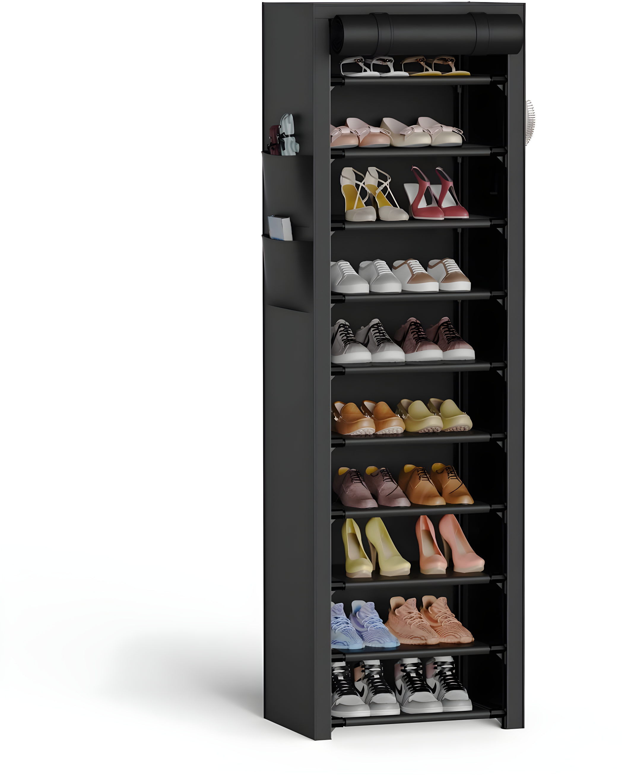 Black 10-Tier Vertical Narrow Shoe Rack with Fabric Cover