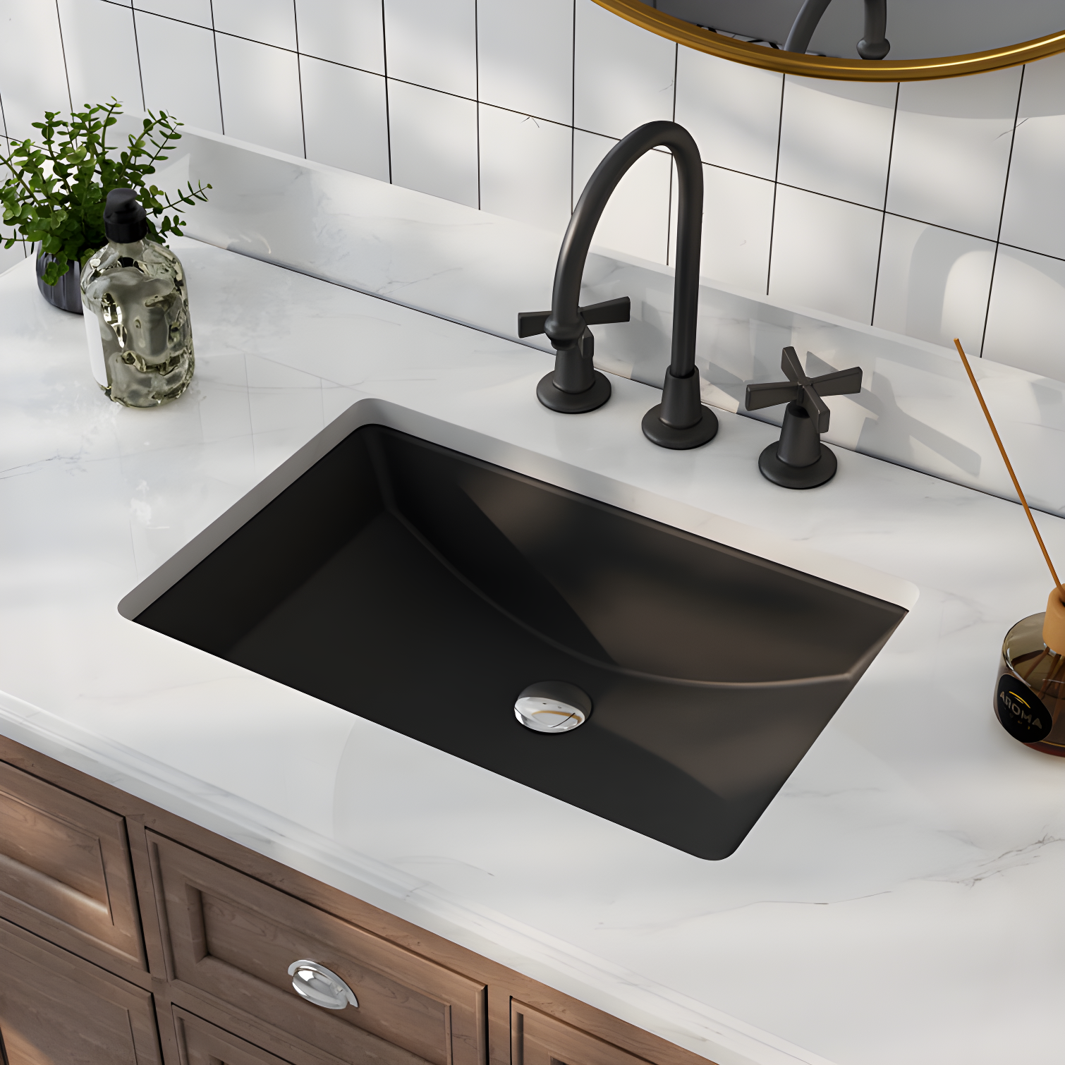 Matte Black Ceramic Rectangular Undermount Bathroom Sink with Overflow