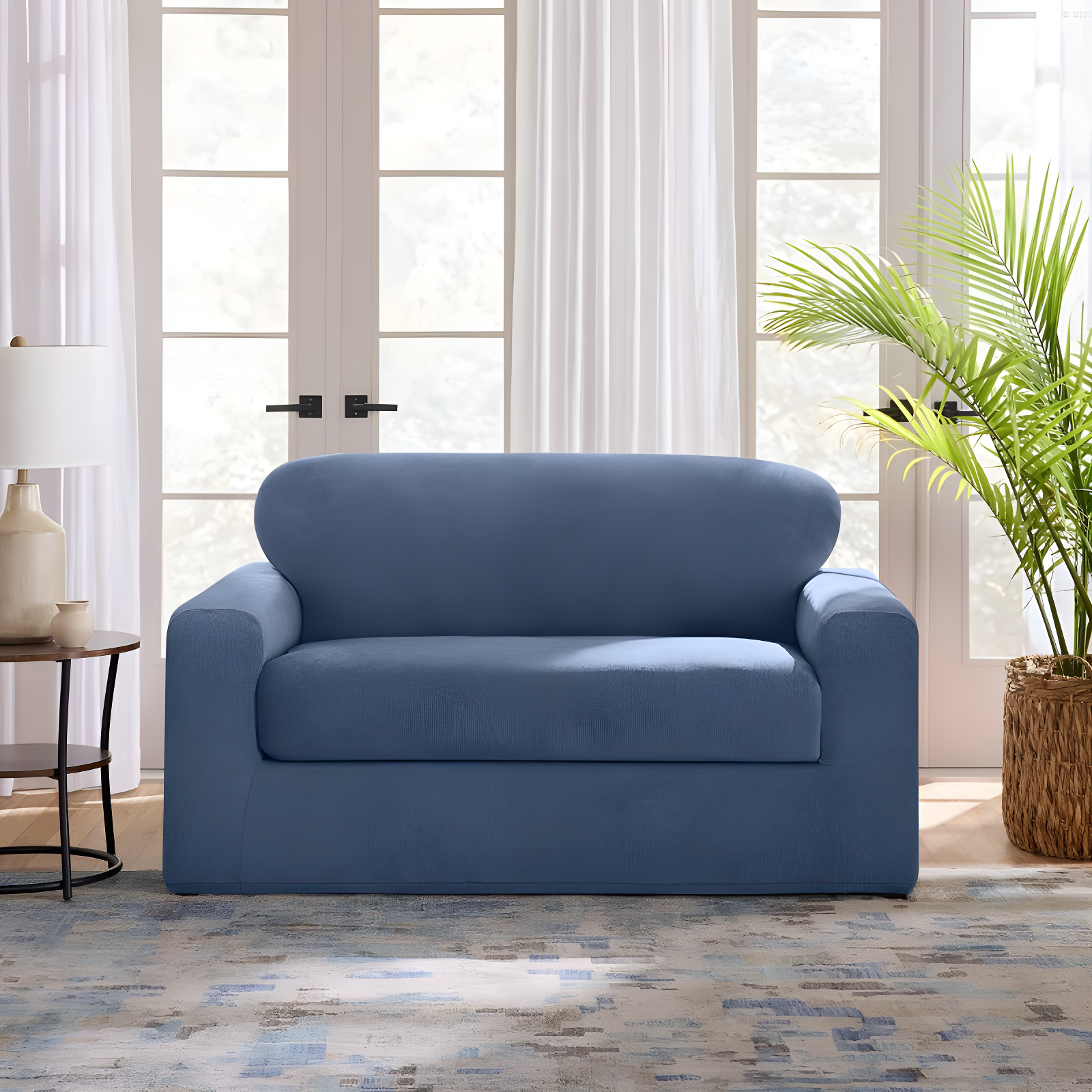 Indigo Two-Piece Stretch Loveseat Slipcover with Textured Design