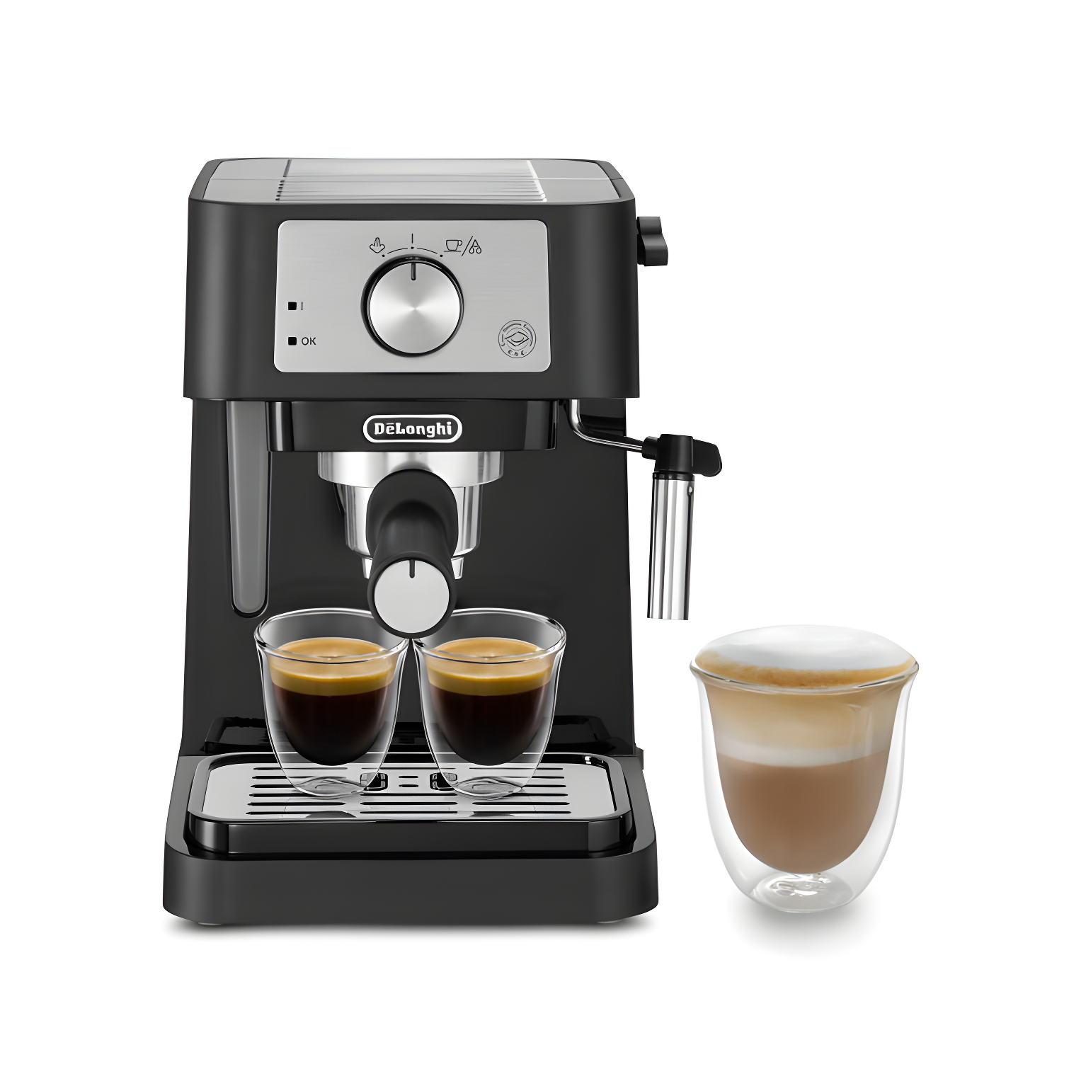 De'Longhi Black and Stainless Steel Manual Espresso Machine with Milk Frother