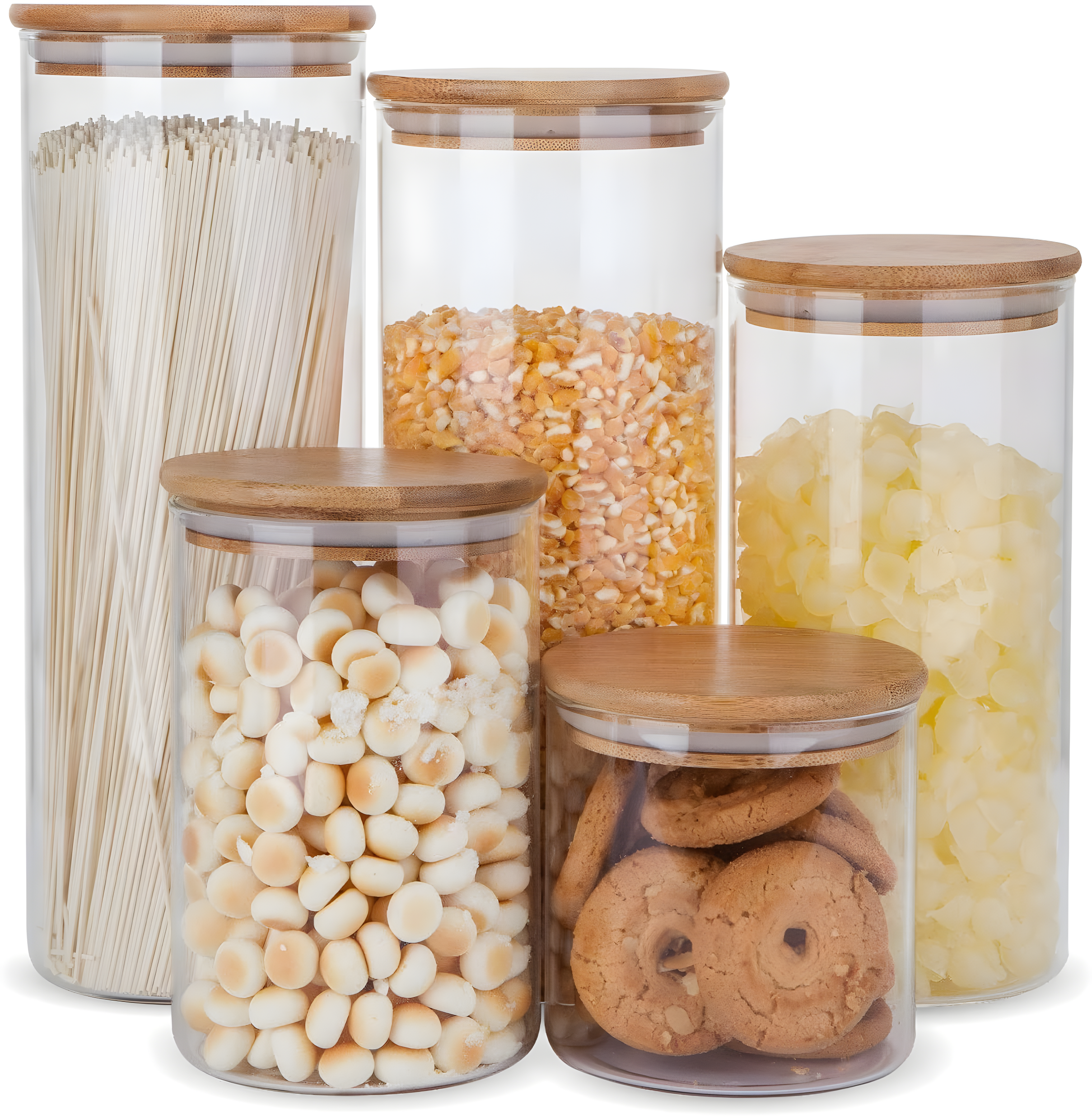 Clear Glass Food Storage Jars with Bamboo Lids, Set of 5