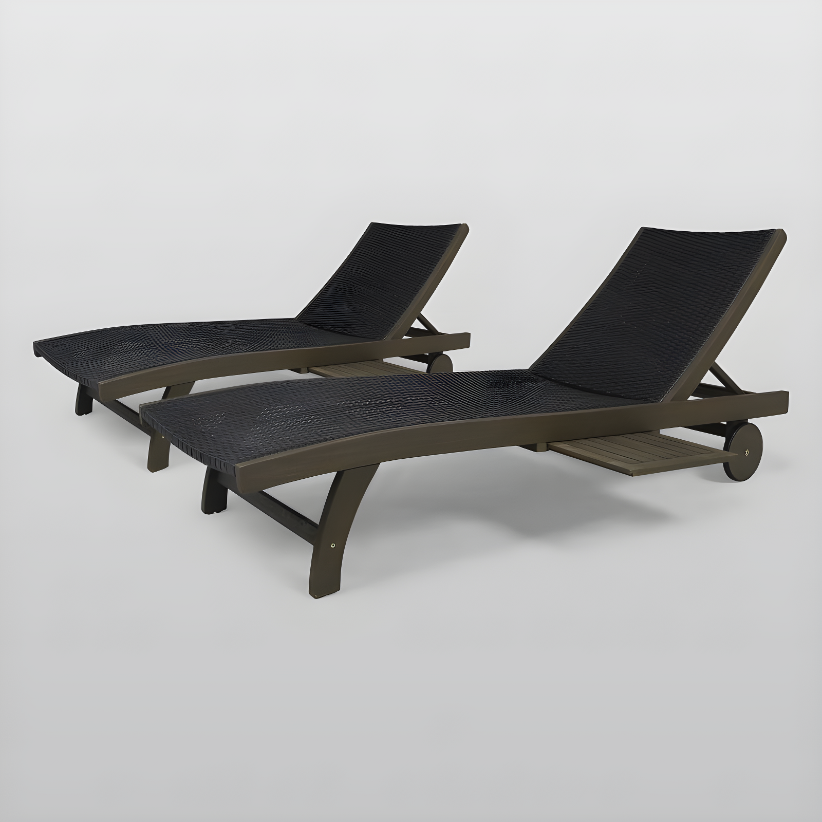 Gray Wicker and Acacia Wood Chaise Lounge Set with Pull-Out Tray