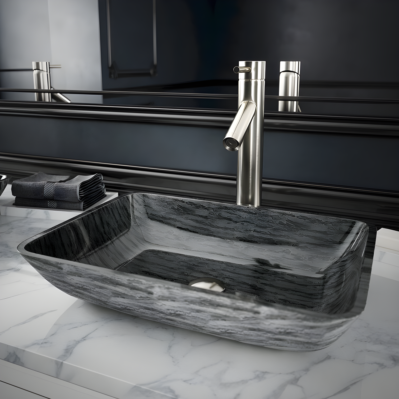 Titanium Gray Rectangular Glass Vessel Sink with Brushed Nickel Faucet