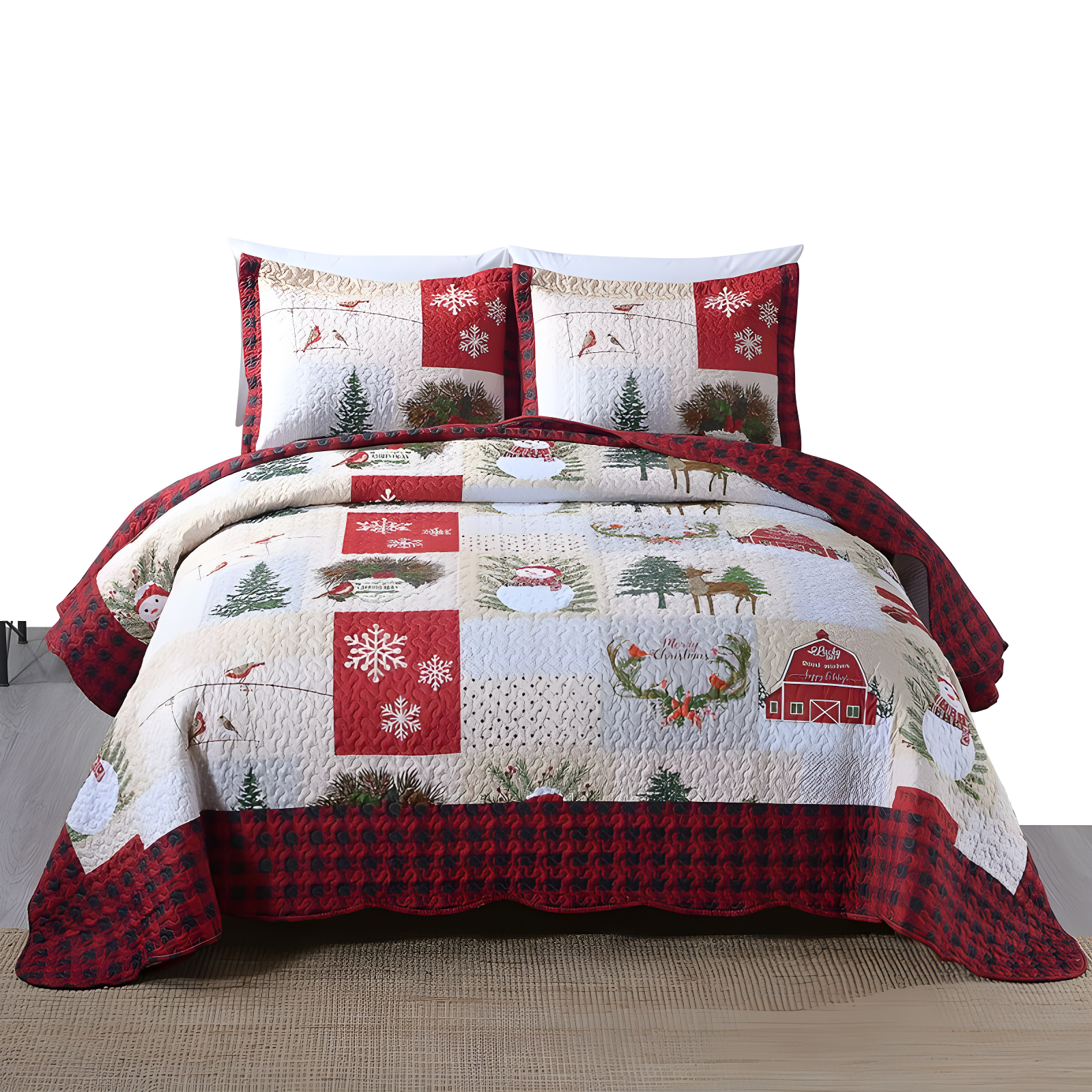 King Red Cotton Reversible Christmas Bedspread Set