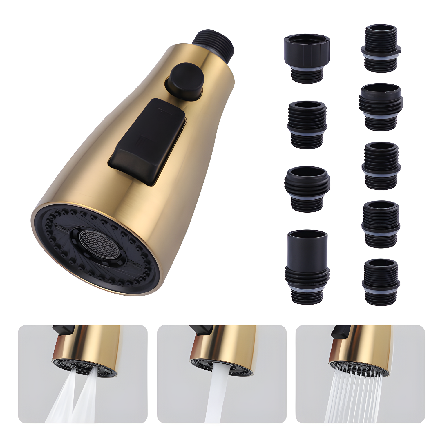 Gold 3-Function Kitchen Faucet Spray Head with 9 Adapters