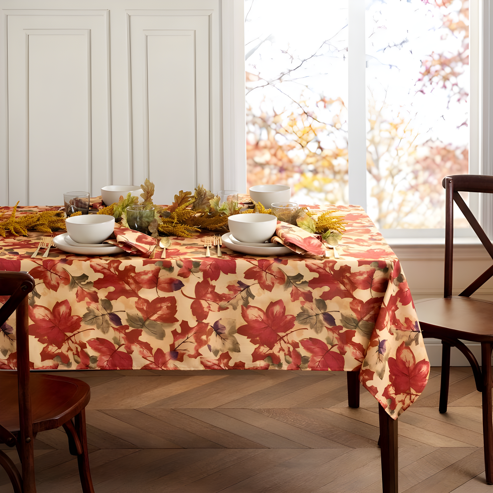 Harvest Festival Fall Leaves Printed Fabric Tablecloth, 60" x 144"