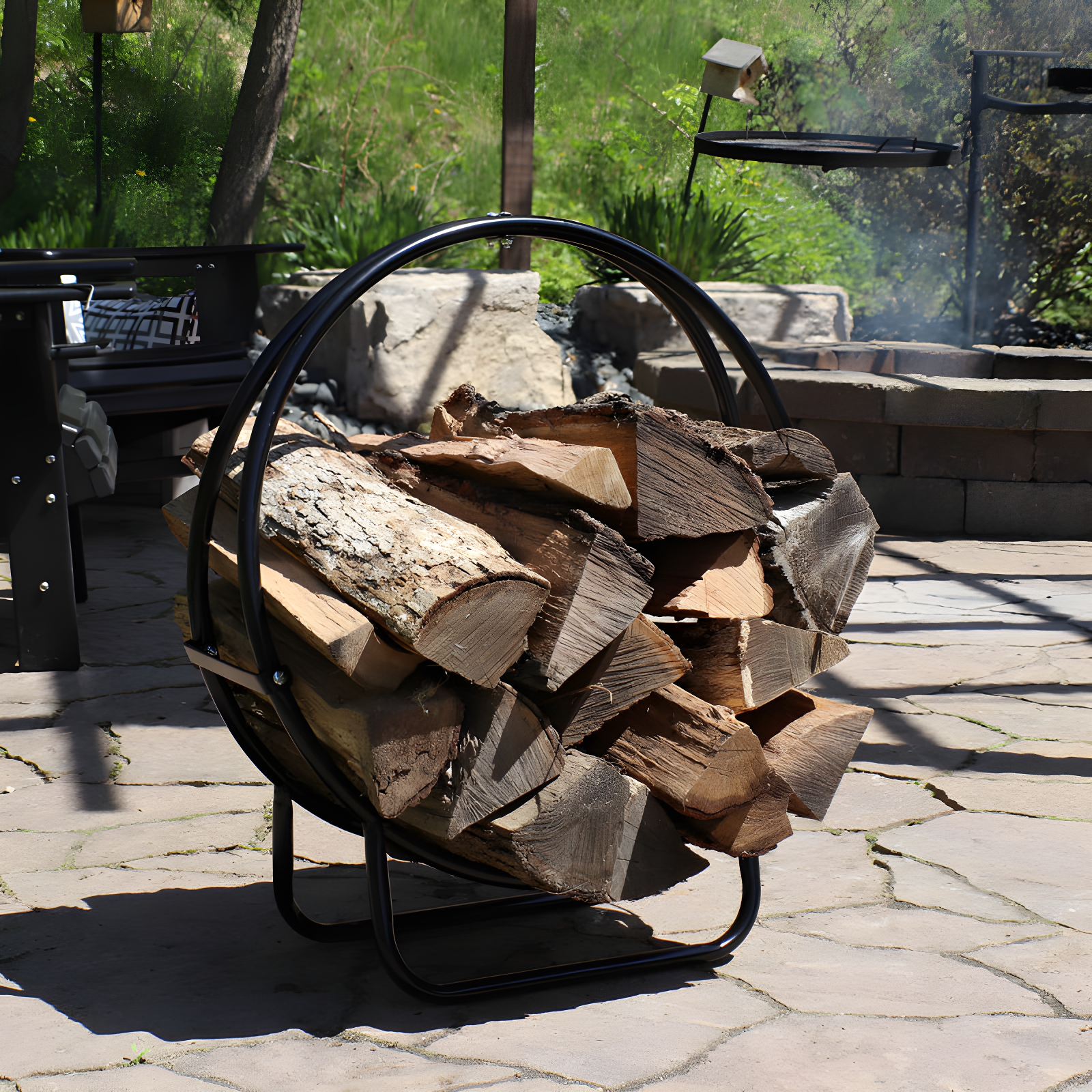 24-Inch Black Tubular Steel Firewood Log Rack Hoop