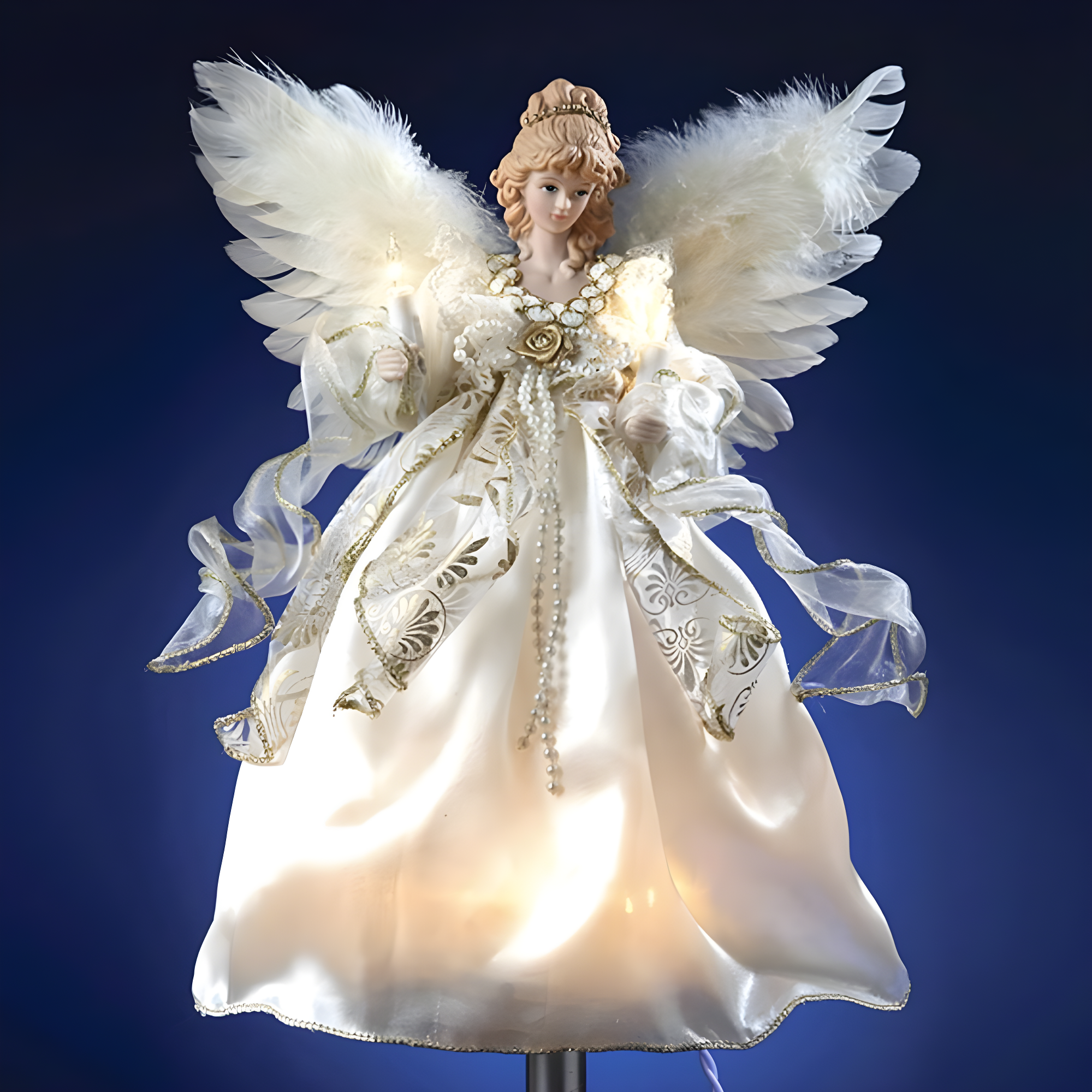 Ivory and Gold Porcelain Angel Christmas Tree Topper with Feather Wings