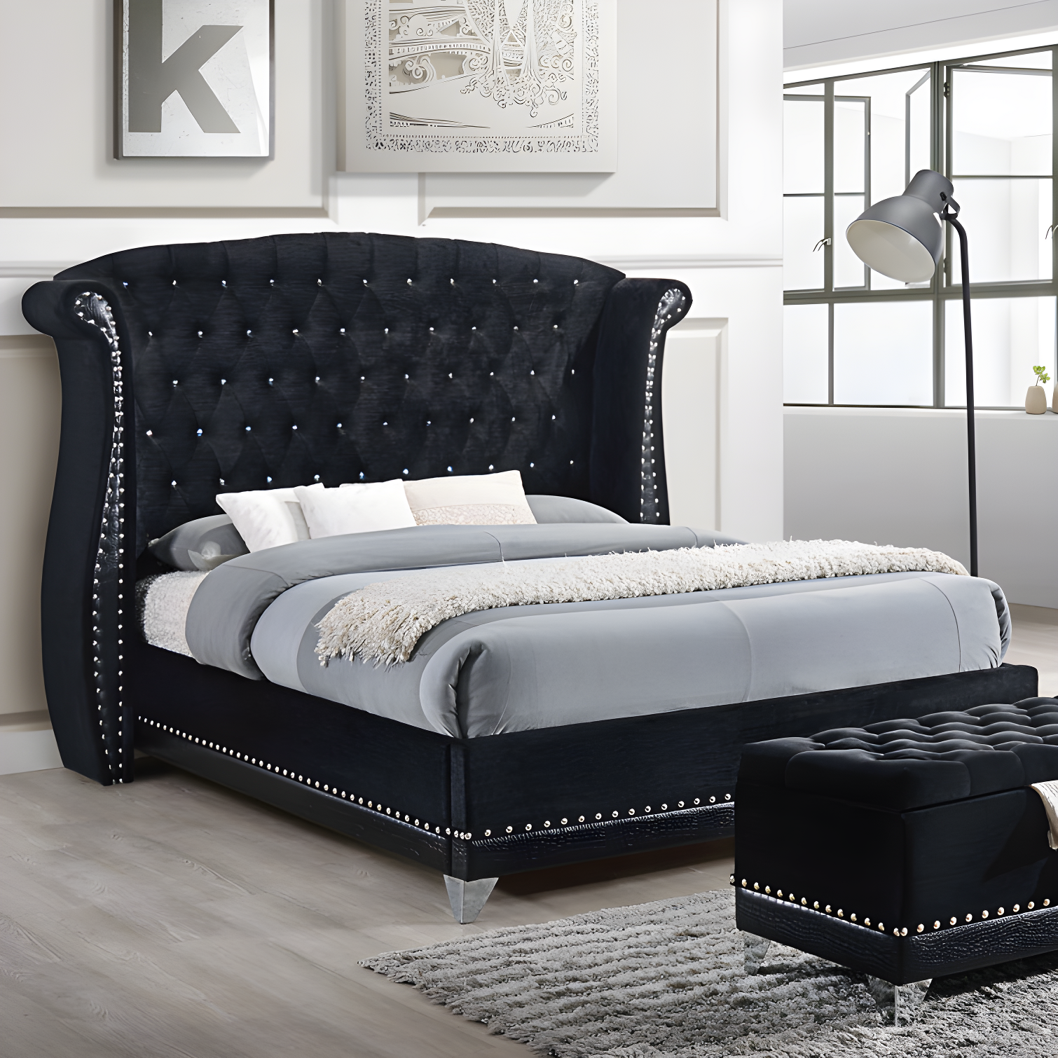 Elegant Black Velvet King Platform Bed with Tufted Wingback Headboard