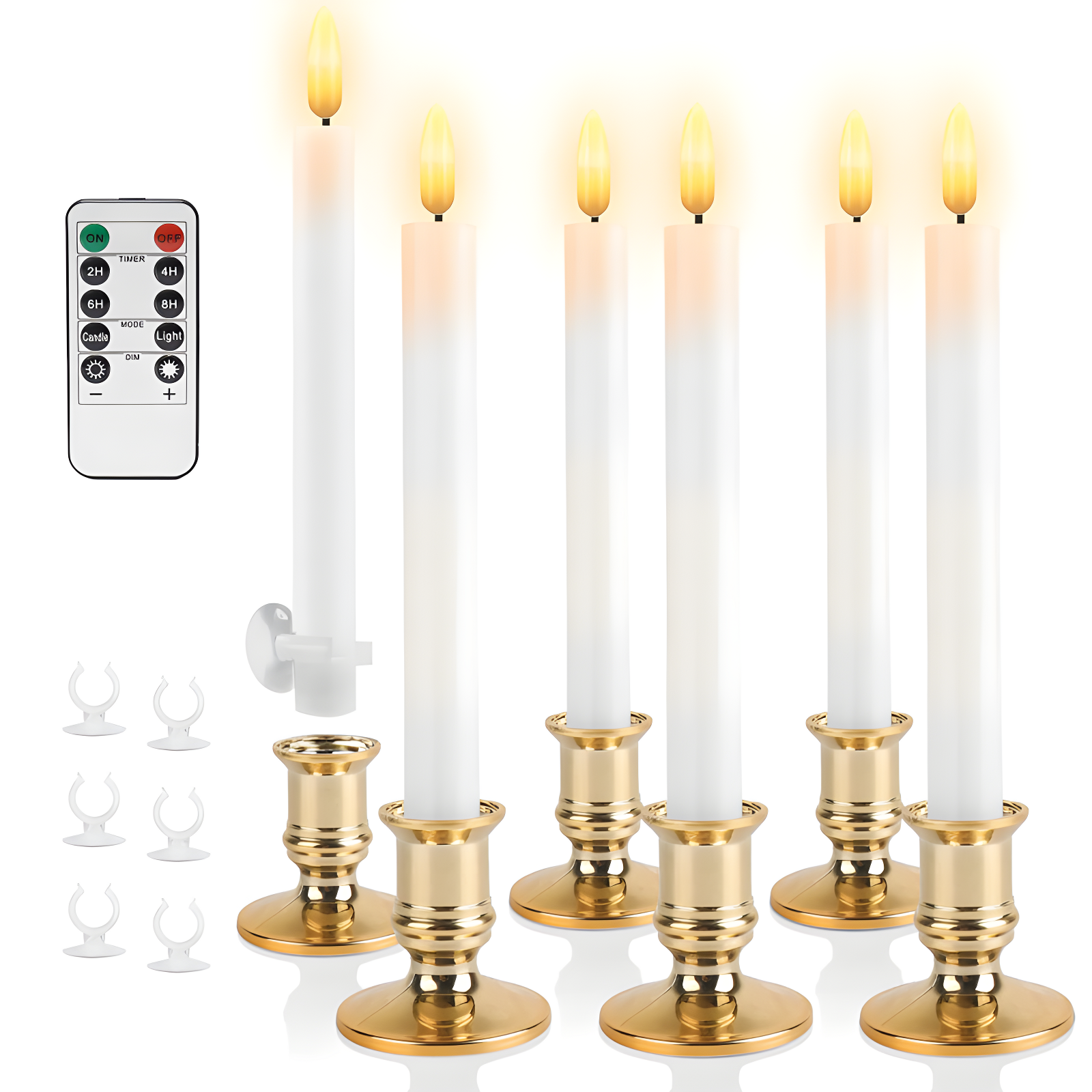 White Flameless Taper Candles with Gold Holders, 6-Pack