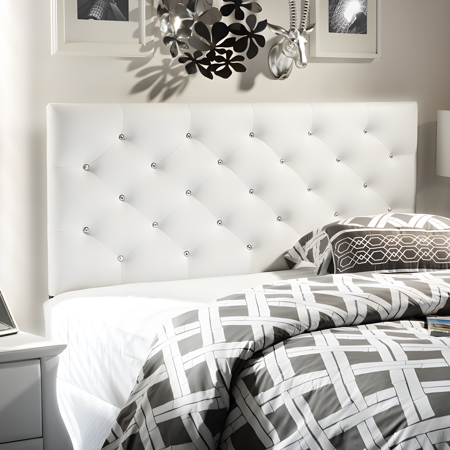 Viviana White Faux Leather Tufted Full Headboard