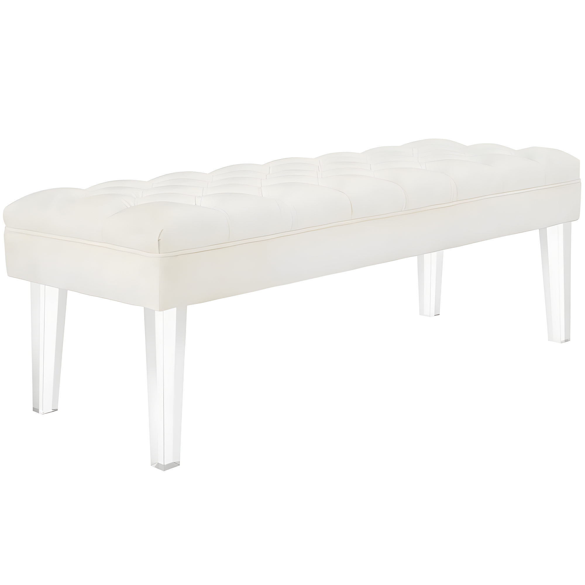 Ivory Velvet Tufted Bench with Tapered Acrylic Legs