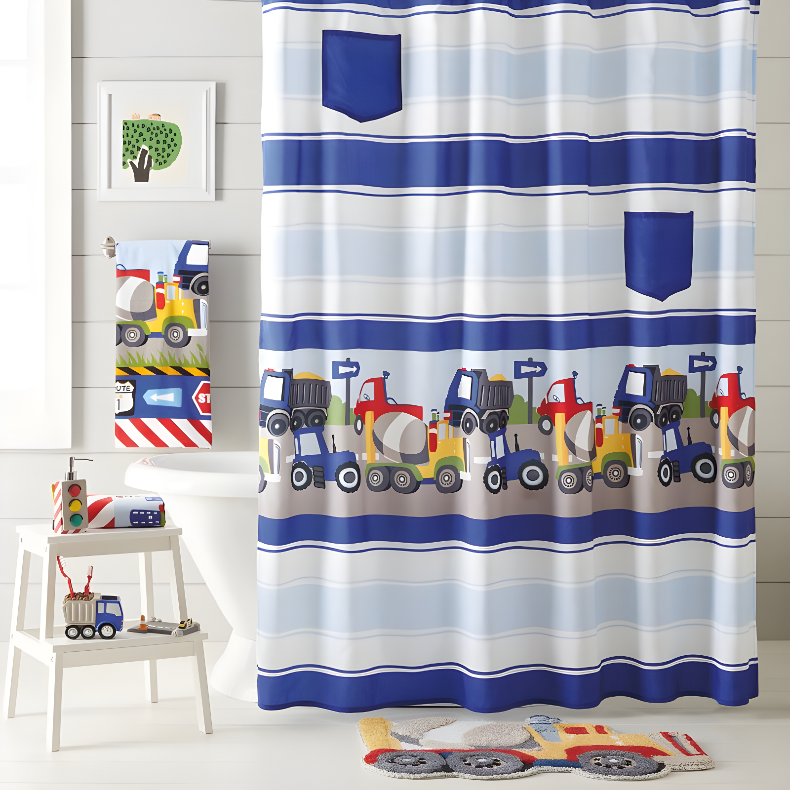 Yellow and Blue Trains and Trucks Fabric Shower Curtain