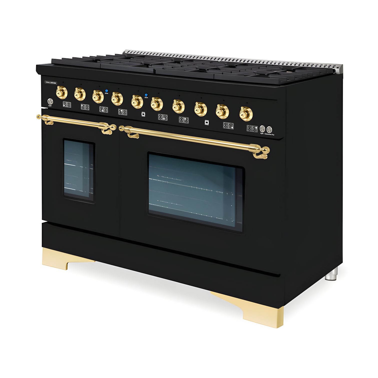 48" Glossy Black Dual Fuel Freestanding Range with Brass Trim