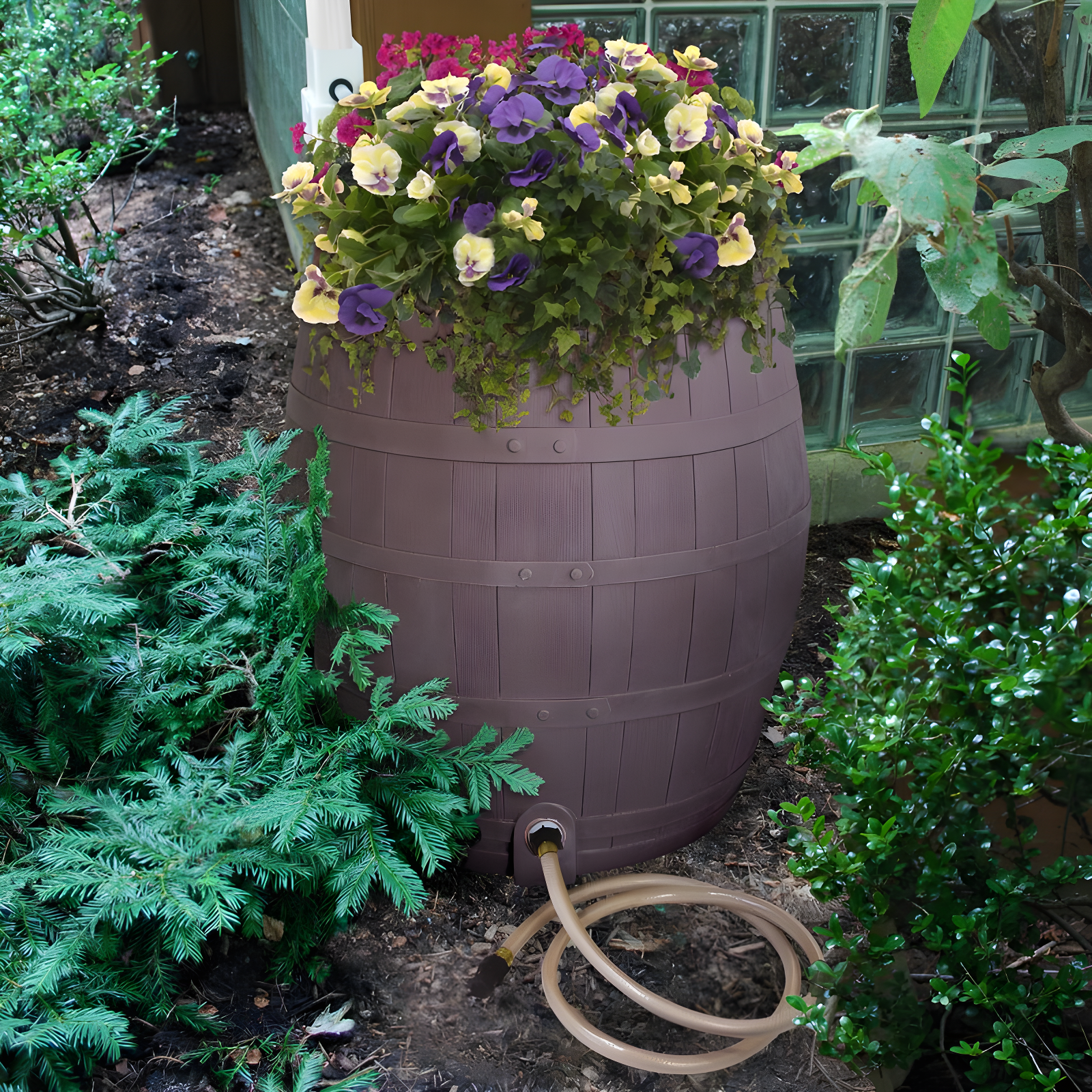 50 Gallon Brown Plastic Whiskey Rain Barrel with Planter