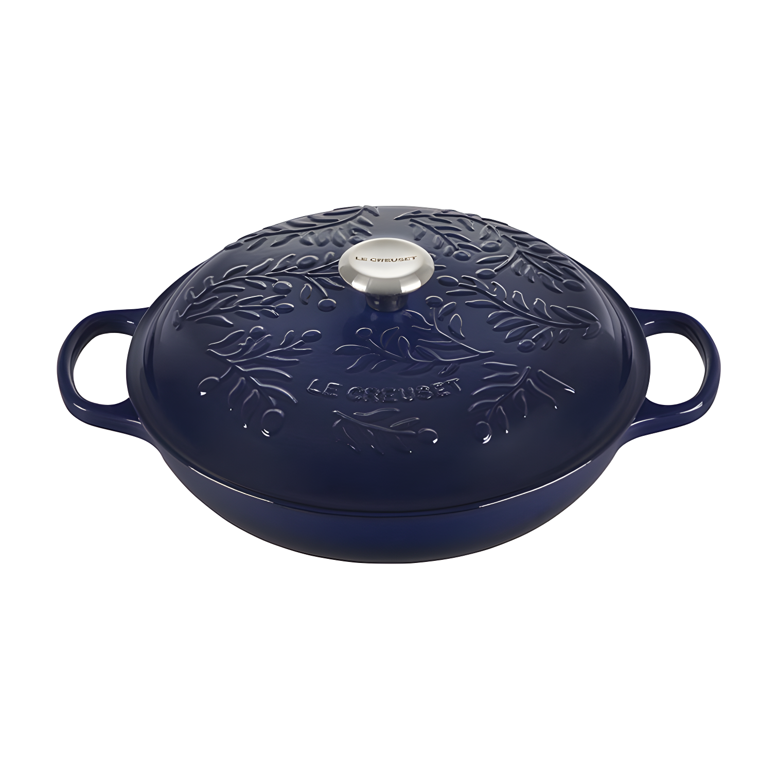 Indigo Cast Iron Round Braiser with Embossed Olive Branch Design